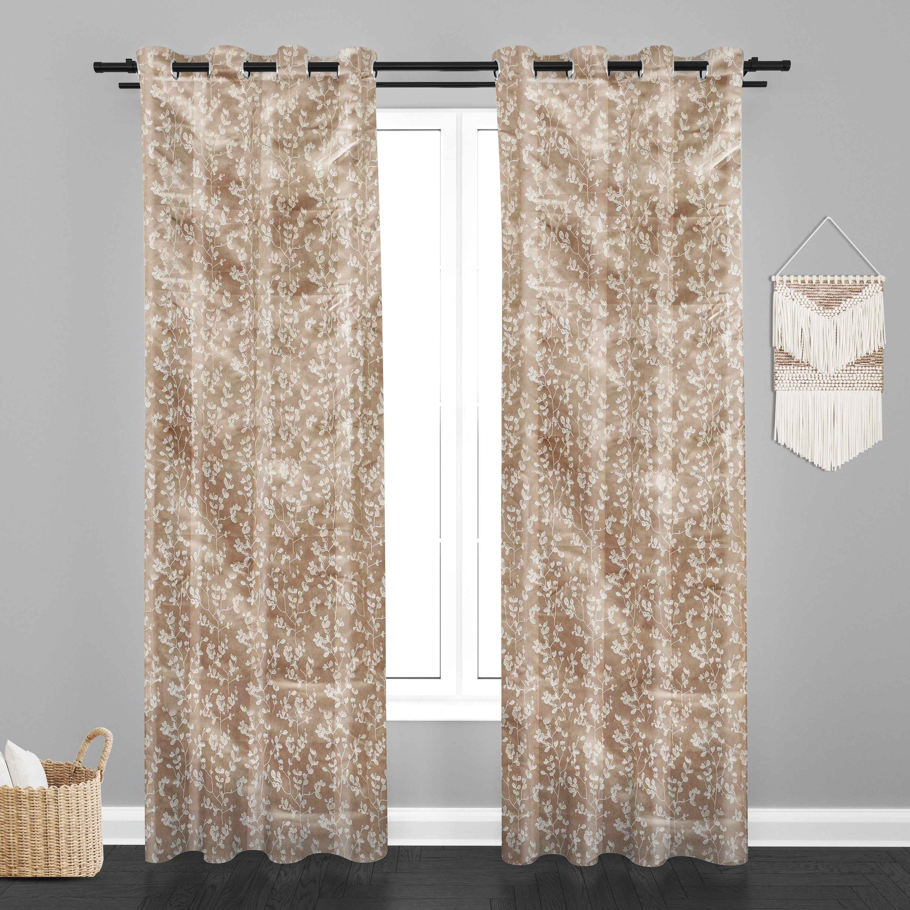 Accra Small Leaf  Design Zari Work Embrodiery Jaquard Curtain - Light Beige
