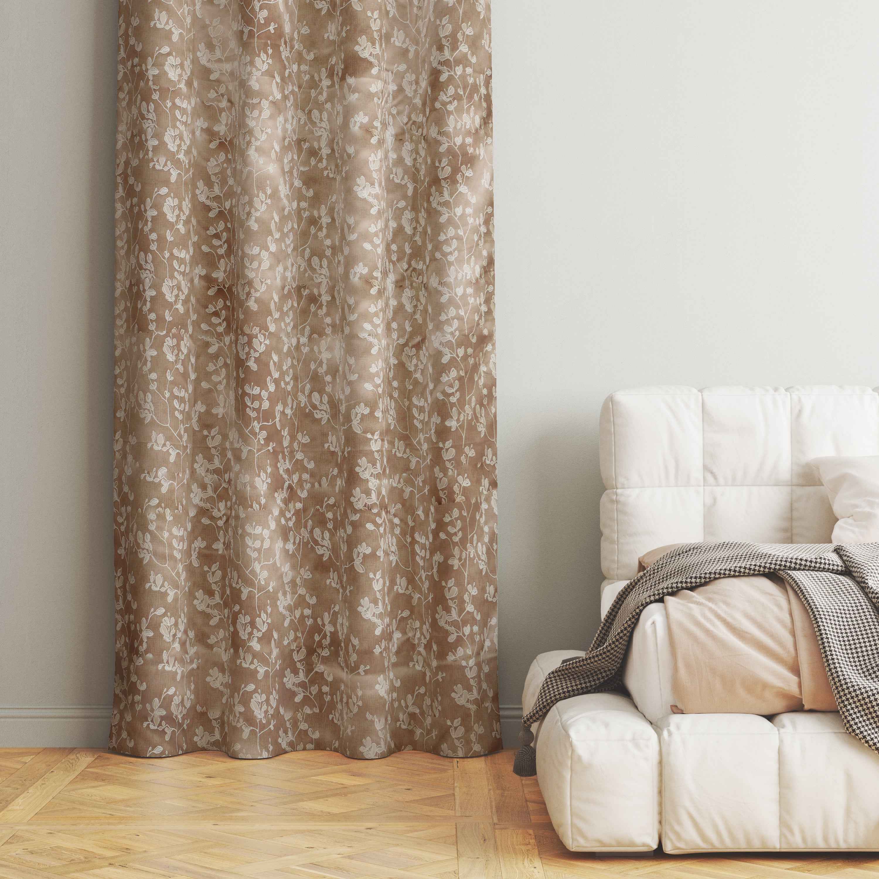 Accra Small Leaf  Design Zari Work Embrodiery Jaquard Curtain - Light Beige