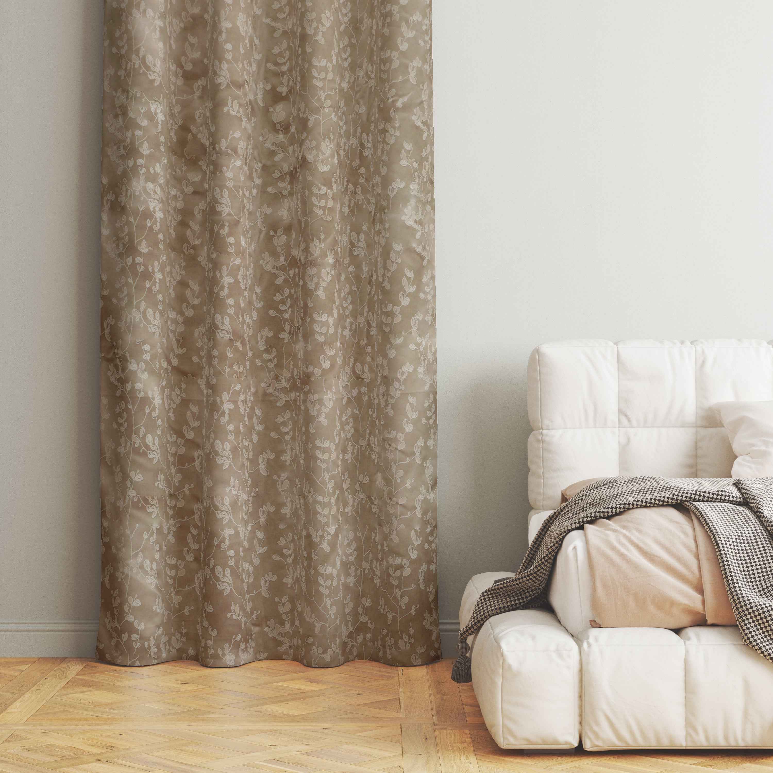 Accra Small Leaf  Design Zari Work Embrodiery Jaquard Curtain - Cream