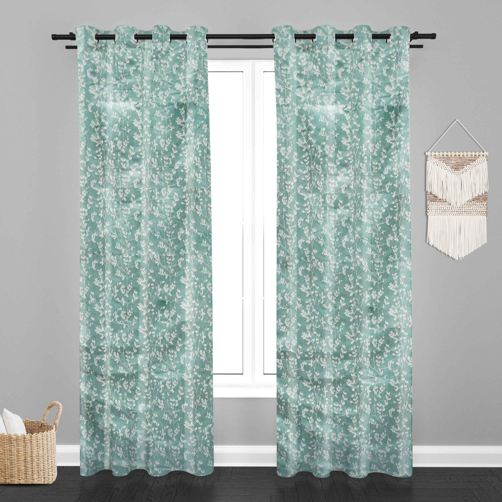 Accra Small Leaf  Design Zari Work Embrodiery Jaquard Curtain - Firozi