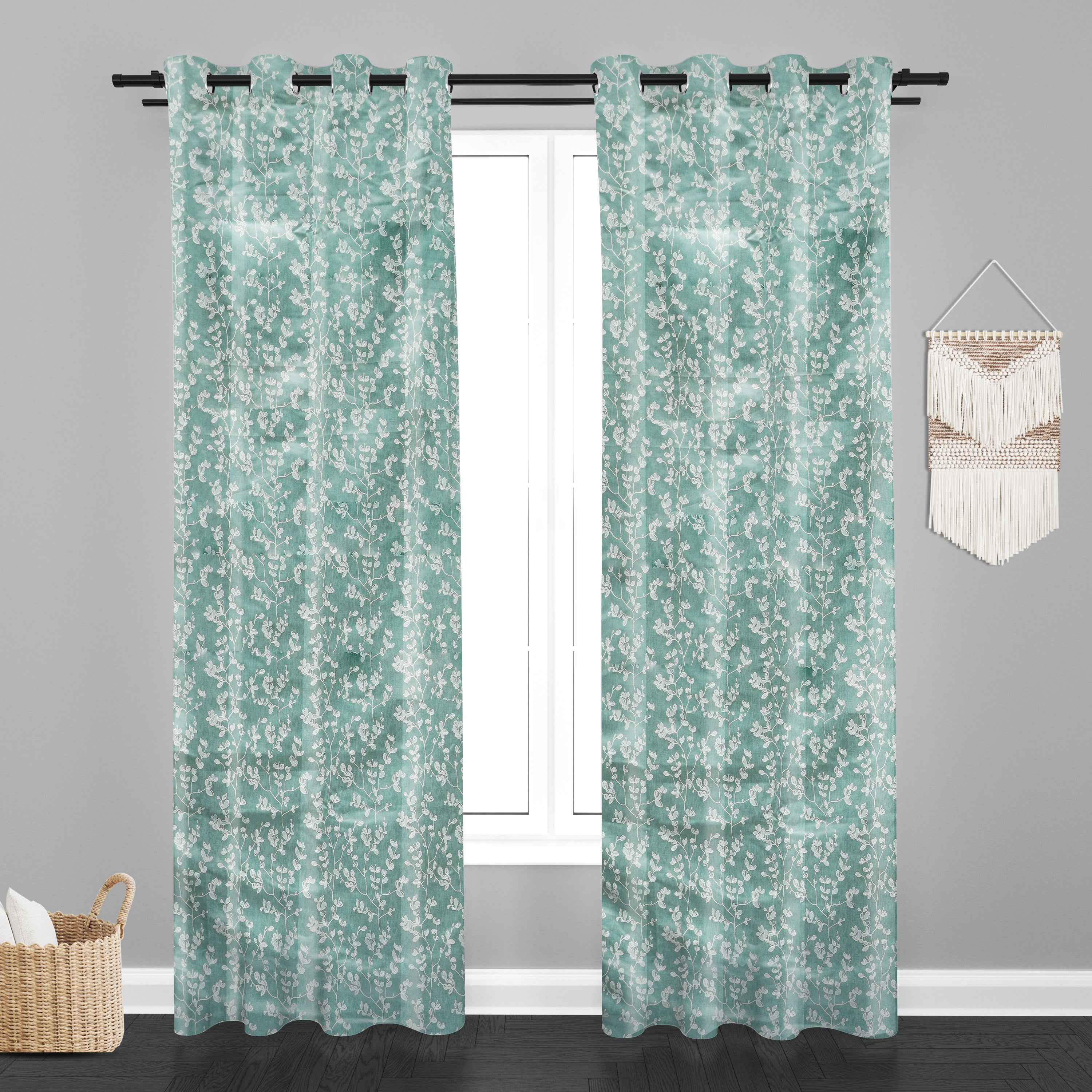 Accra Small Leaf  Design Zari Work Embrodiery Jaquard Curtain - Firozi