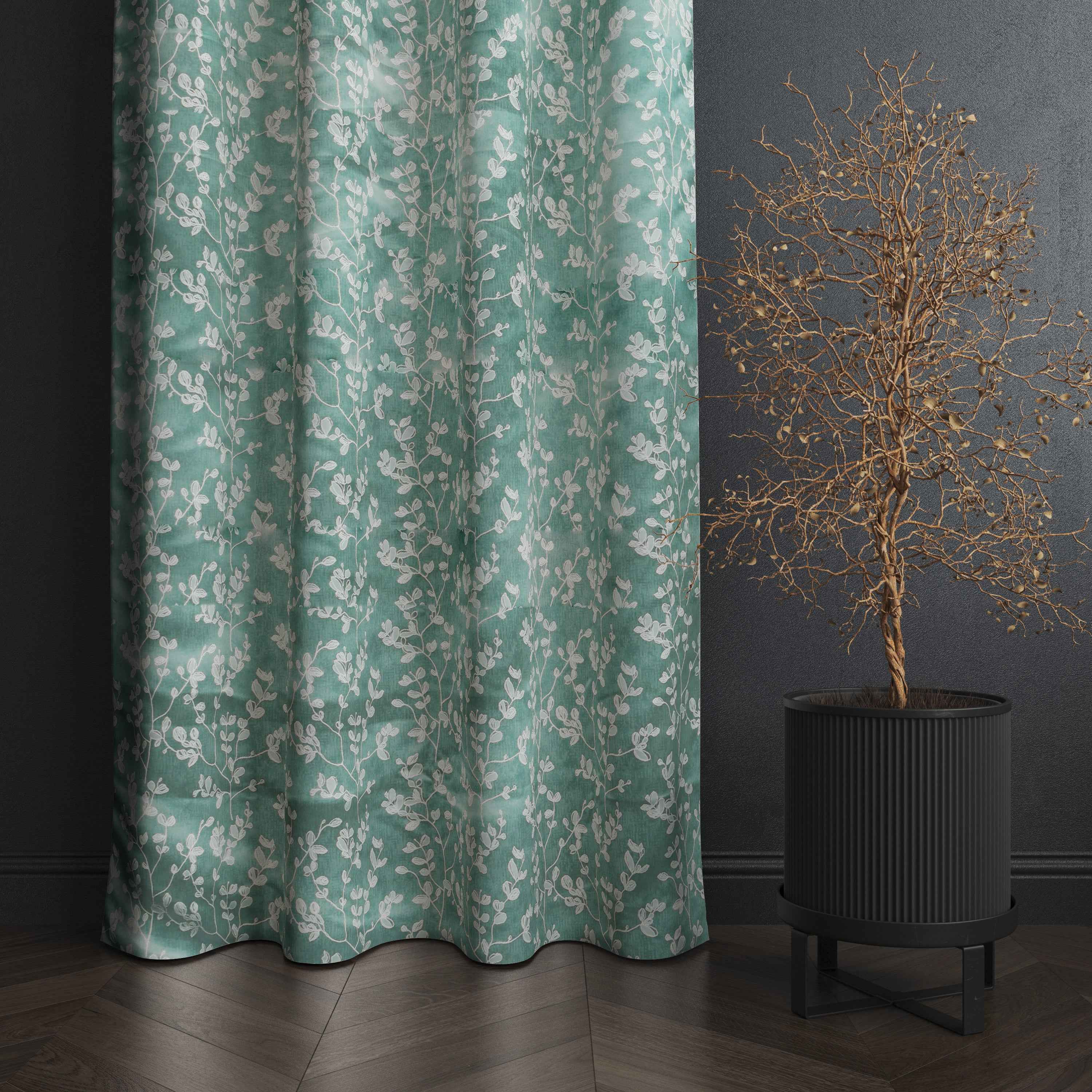 Accra Small Leaf  Design Zari Work Embrodiery Jaquard Curtain - Firozi