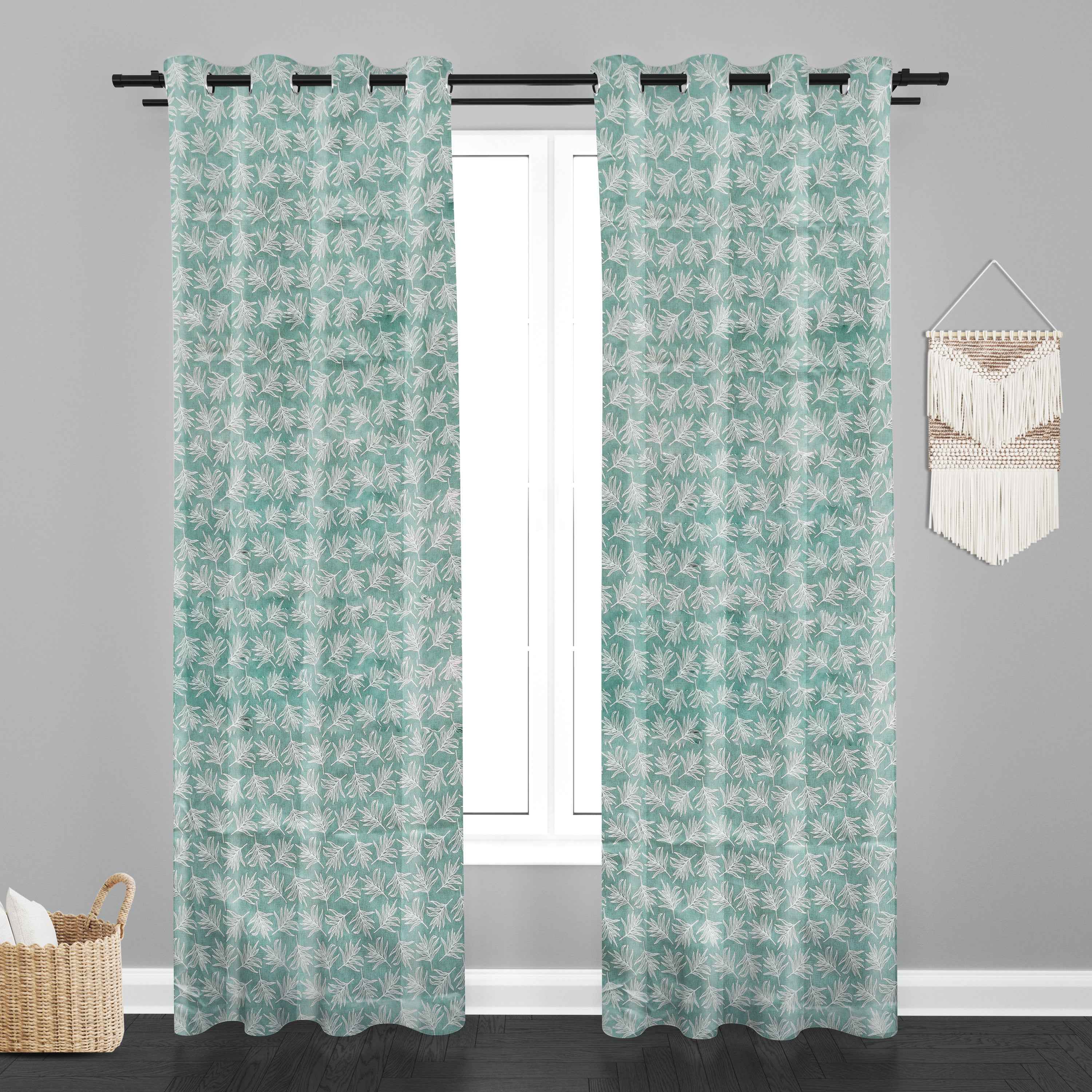 Accra  Leaf Design Zari Work Embrodiery Jaquard Curtain - Firozi