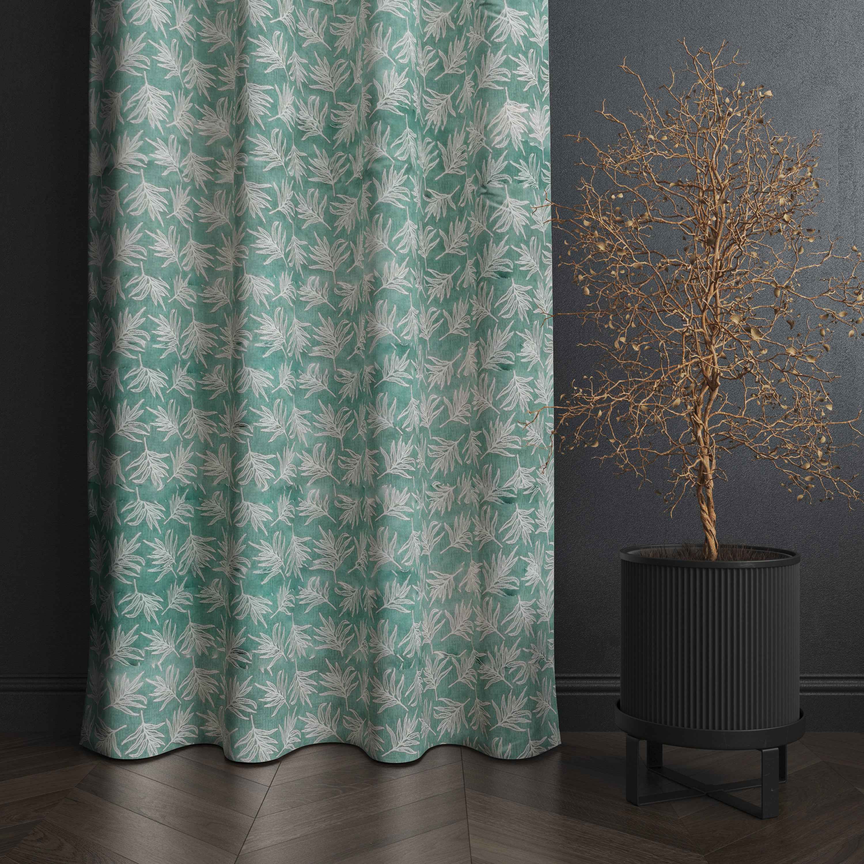 Accra  Leaf Design Zari Work Embrodiery Jaquard Curtain - Firozi