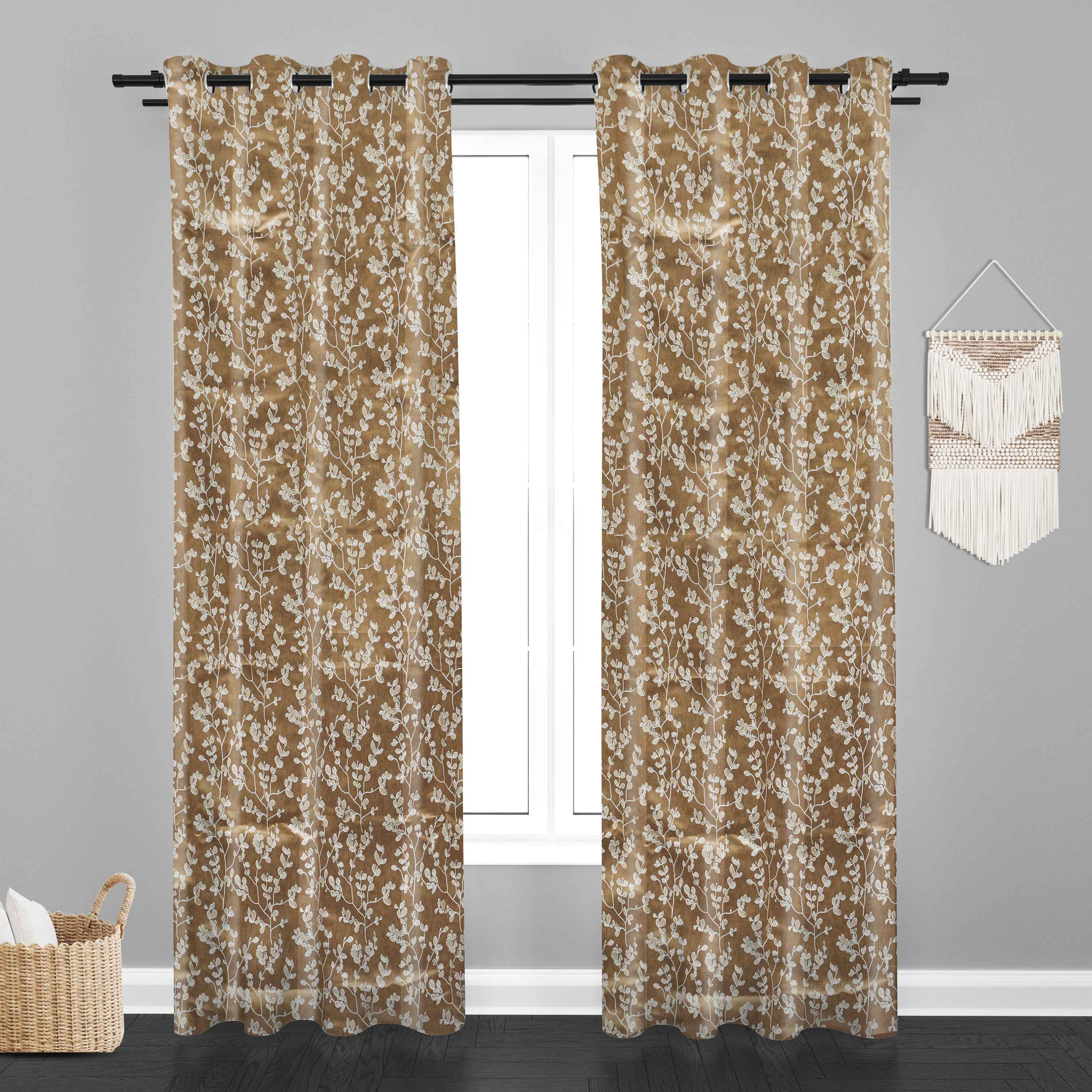 Accra Small Leaf  Design Zari Work Embrodiery Jaquard Curtain - Beige