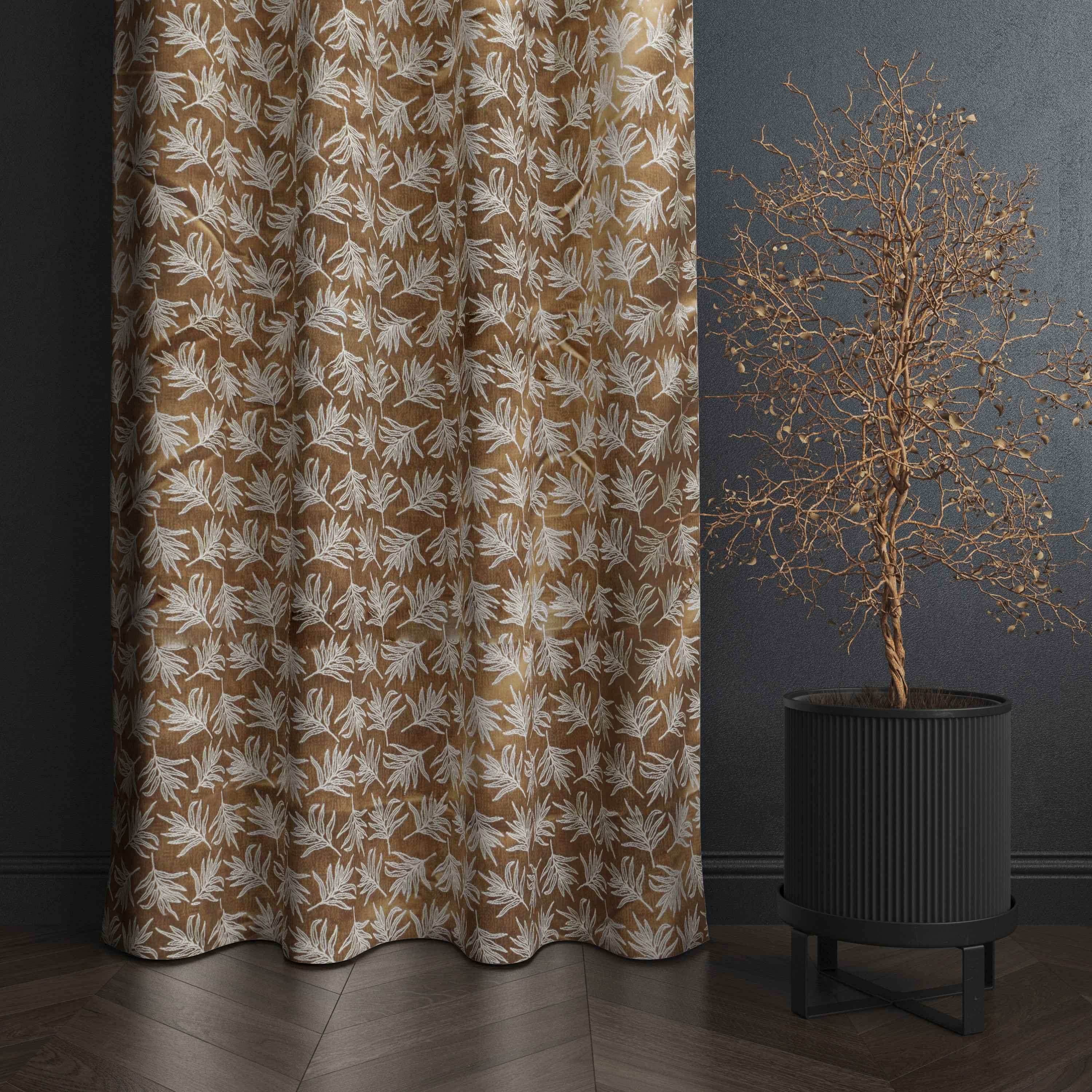 Accra  Leaf Design Zari Work Embrodiery Jaquard Curtain - Beige