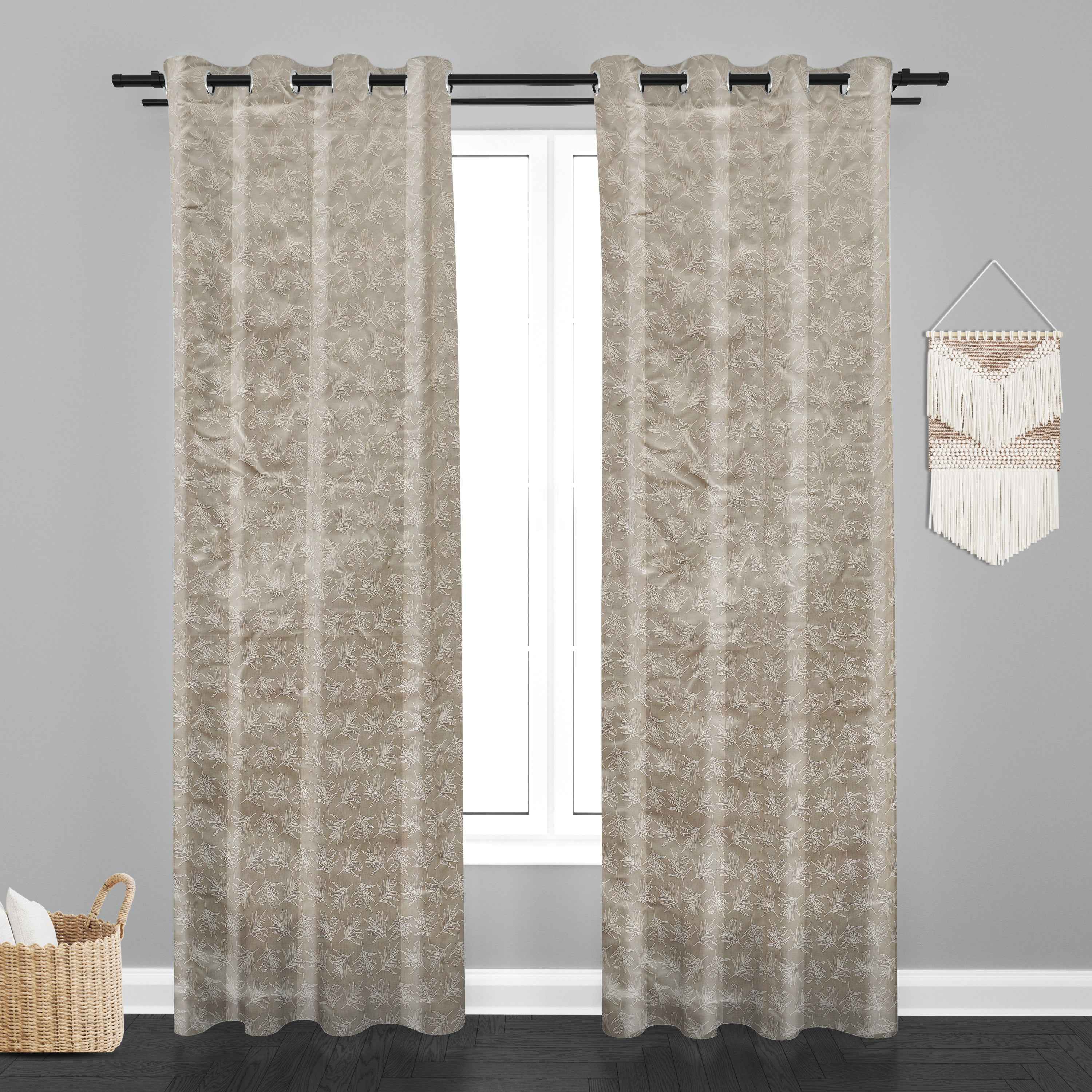 Accra  Leaf Design Zari Work Embrodiery Jaquard Curtain - Cream
