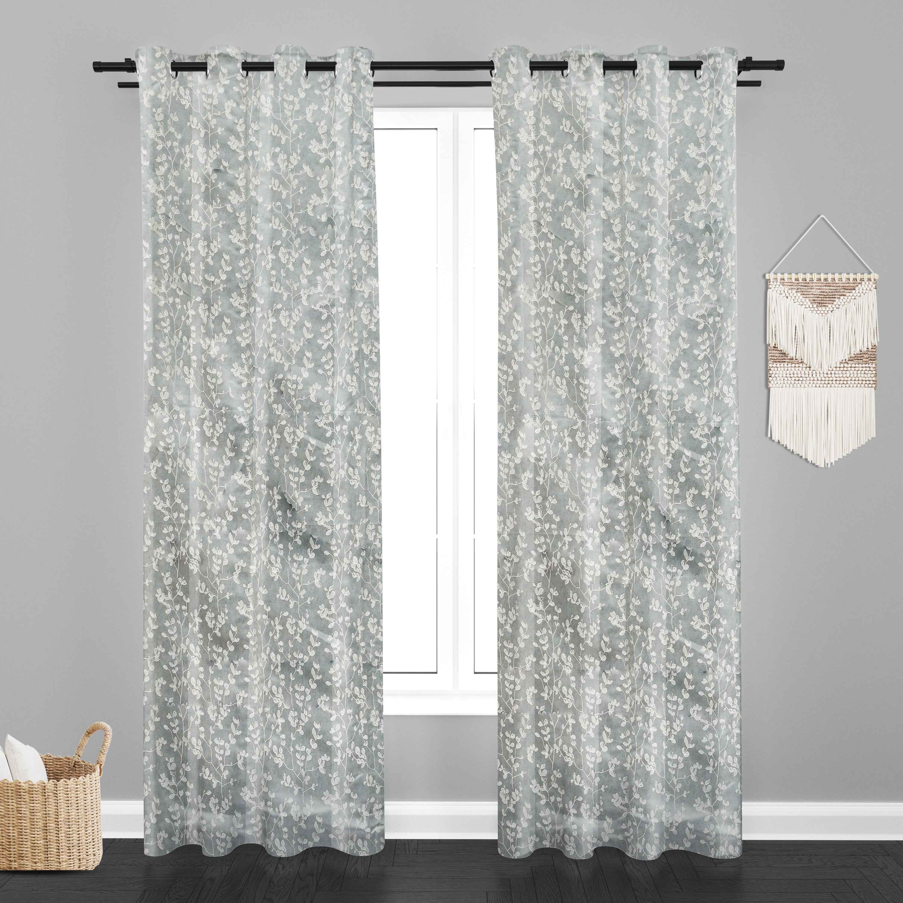 Accra Small Leaf  Design Zari Work Embrodiery Jaquard Curtain - Tan