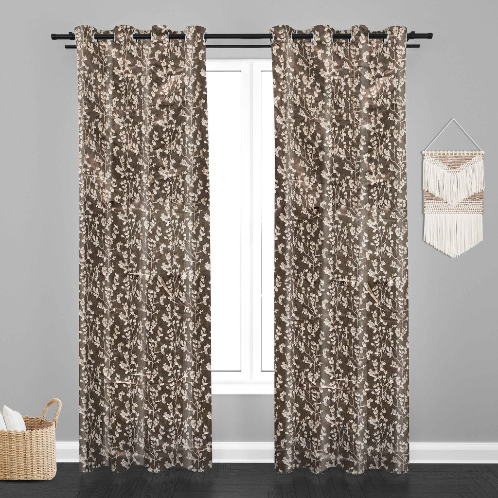 Accra Small Leaf  Design Zari Work Embrodiery Jaquard Curtain - Brown