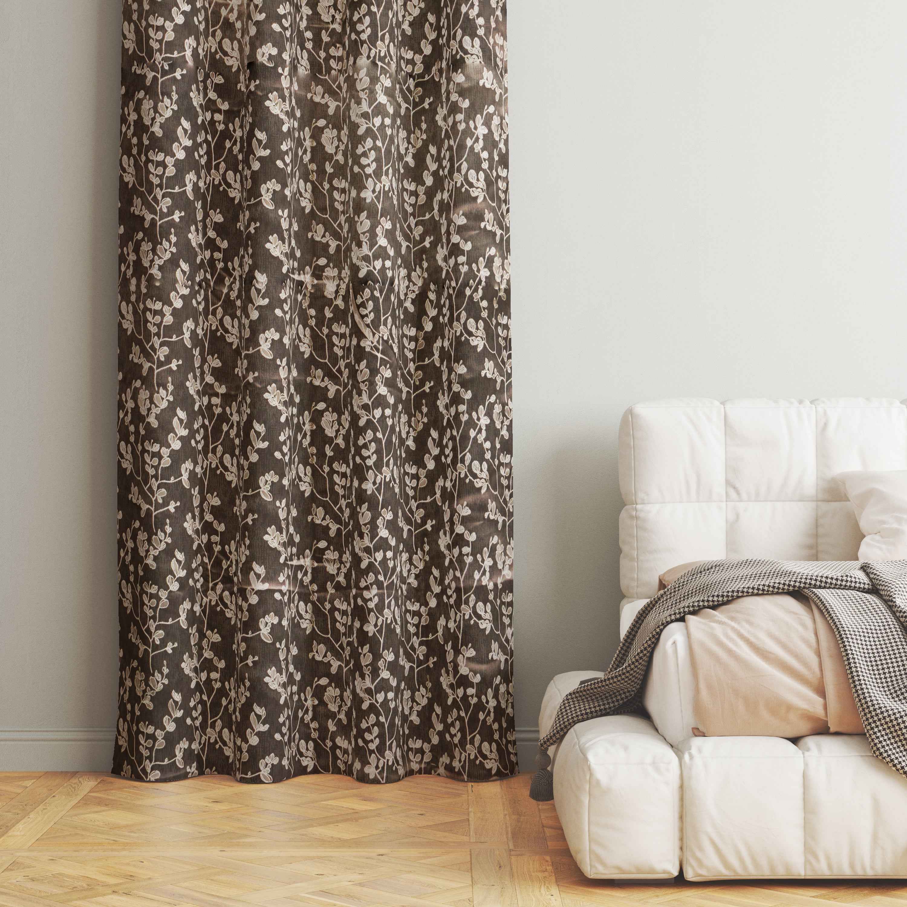 Accra Small Leaf  Design Zari Work Embrodiery Jaquard Curtain - Brown