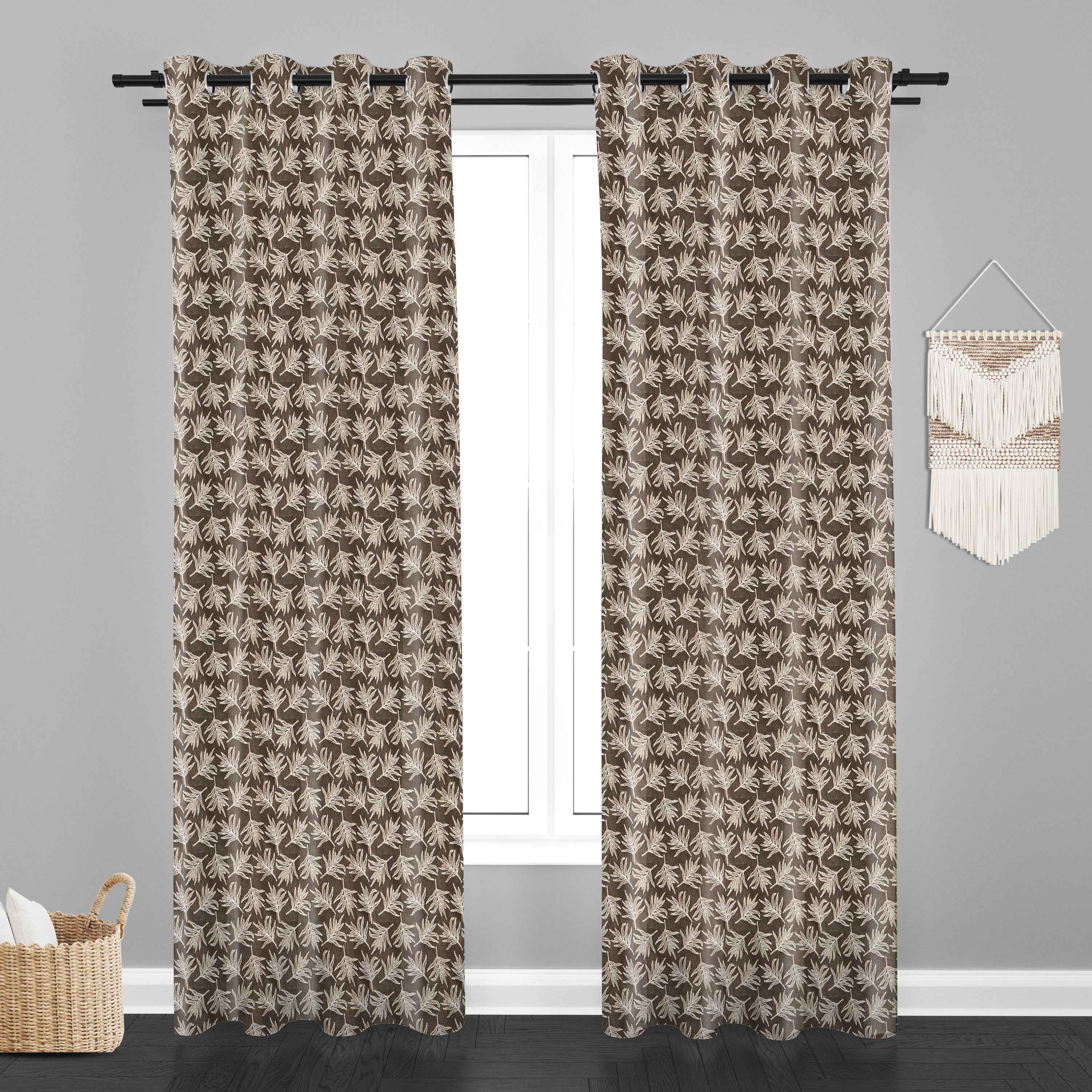 Accra  Leaf Design Zari Work Embrodiery Jaquard Curtain - Brown