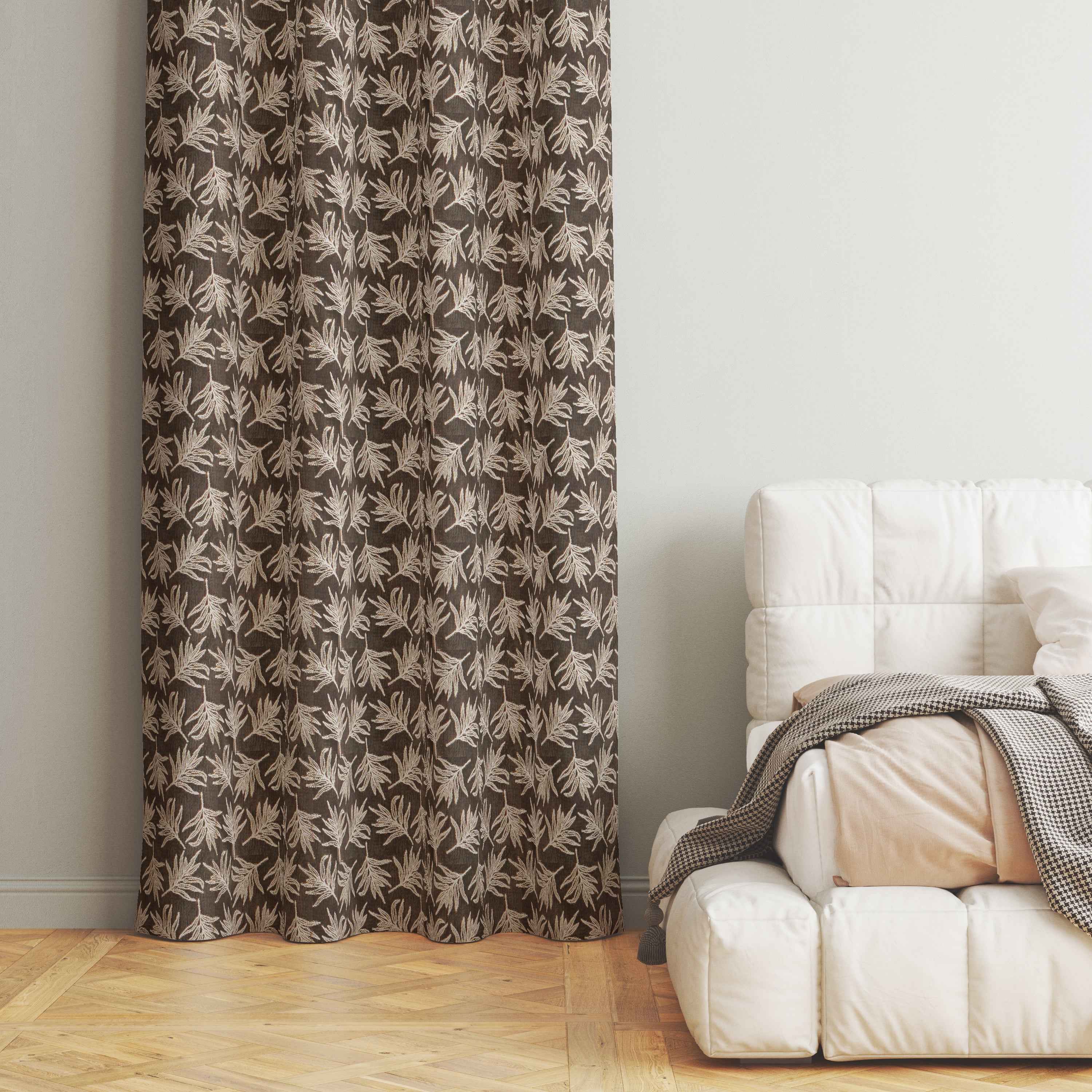 Accra  Leaf Design Zari Work Embrodiery Jaquard Curtain - Brown