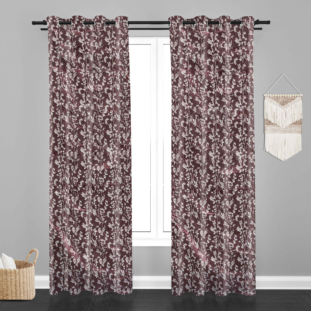Accra Small Leaf  Design Zari Work Embrodiery Jaquard Curtain - Purple