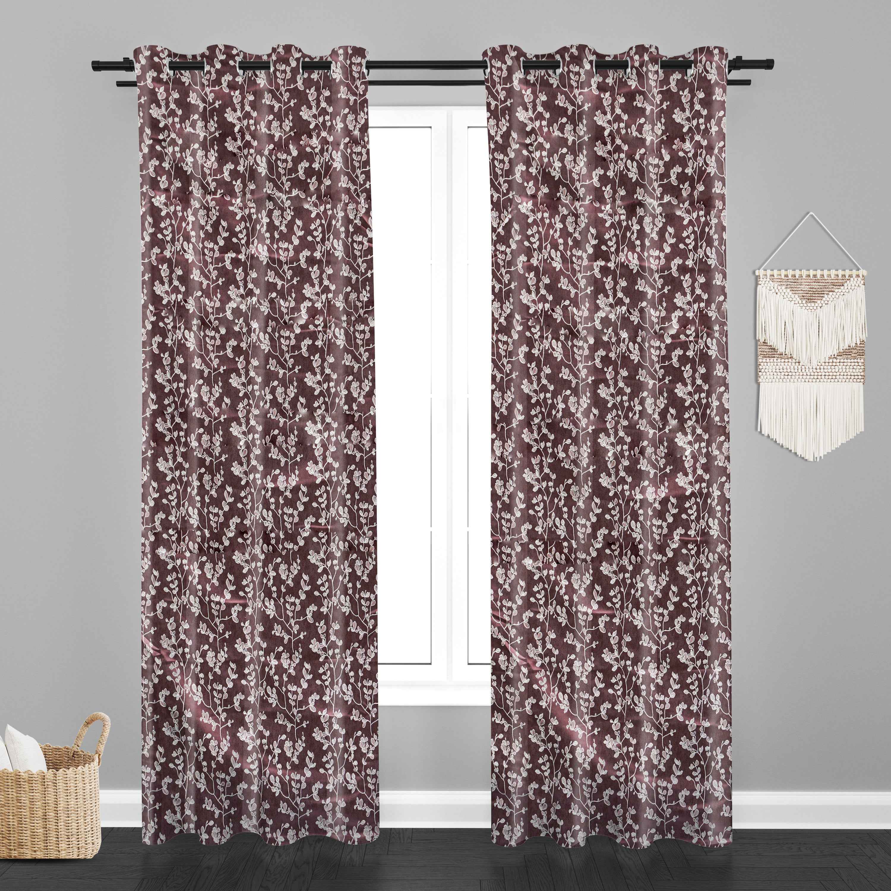 Accra Small Leaf  Design Zari Work Embrodiery Jaquard Curtain - Purple