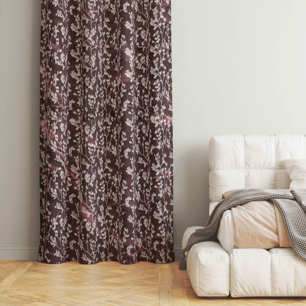 Accra Small Leaf  Design Zari Work Embrodiery Jaquard Curtain - Purple