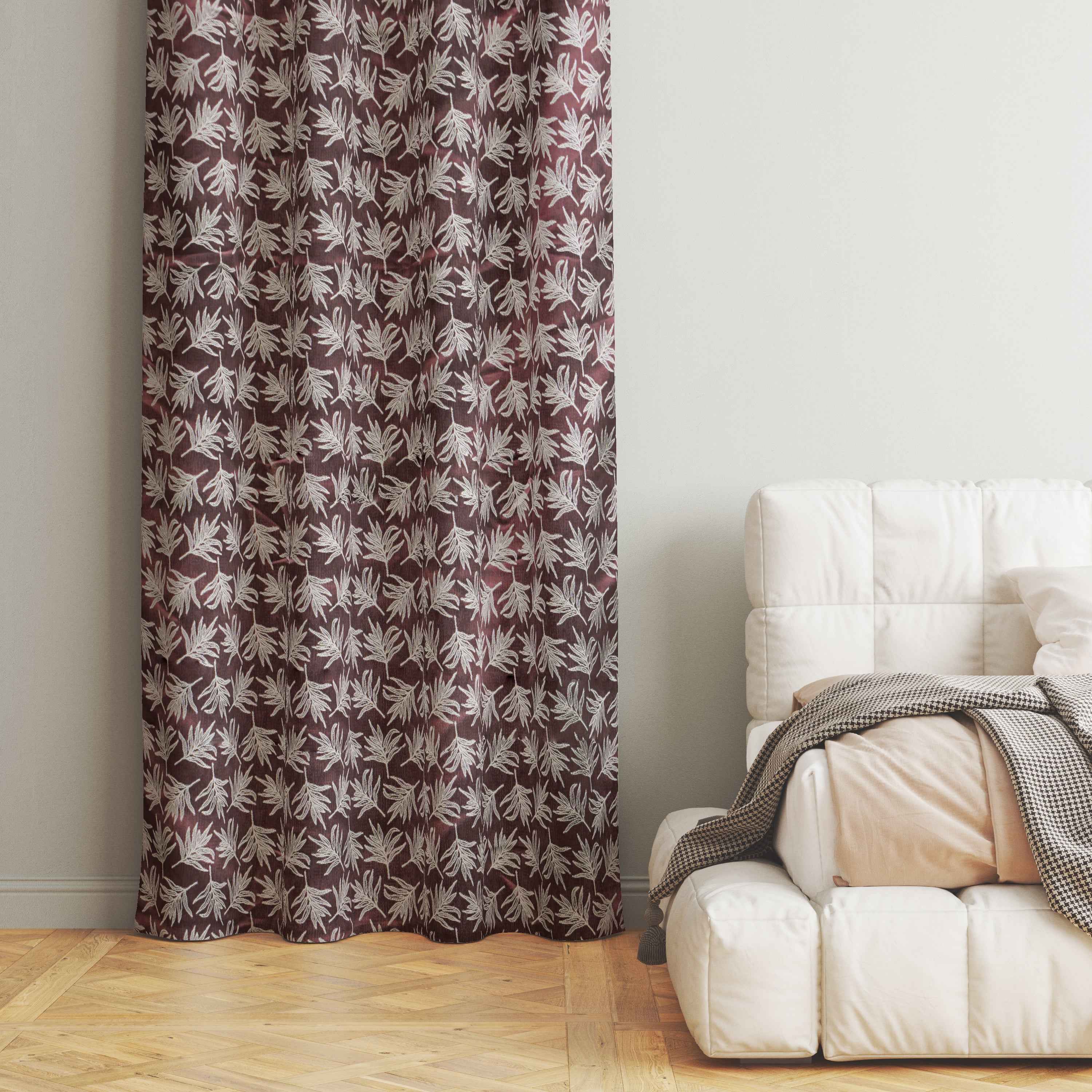 Accra  Leaf Design Zari Work Embrodiery Jaquard Curtain - Purple