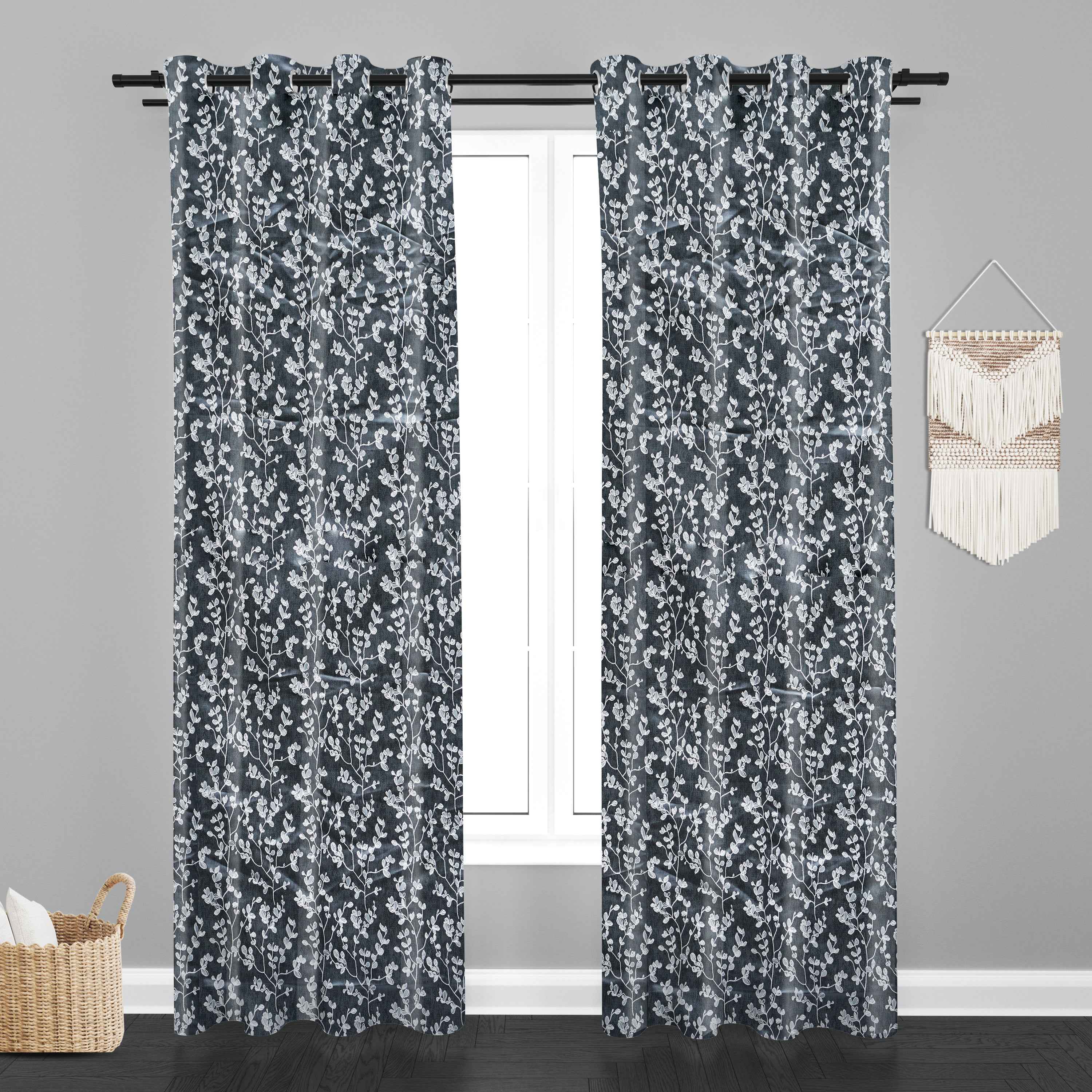 Accra Small Leaf  Design Zari Work Embrodiery Jaquard Curtain - Dark Grey
