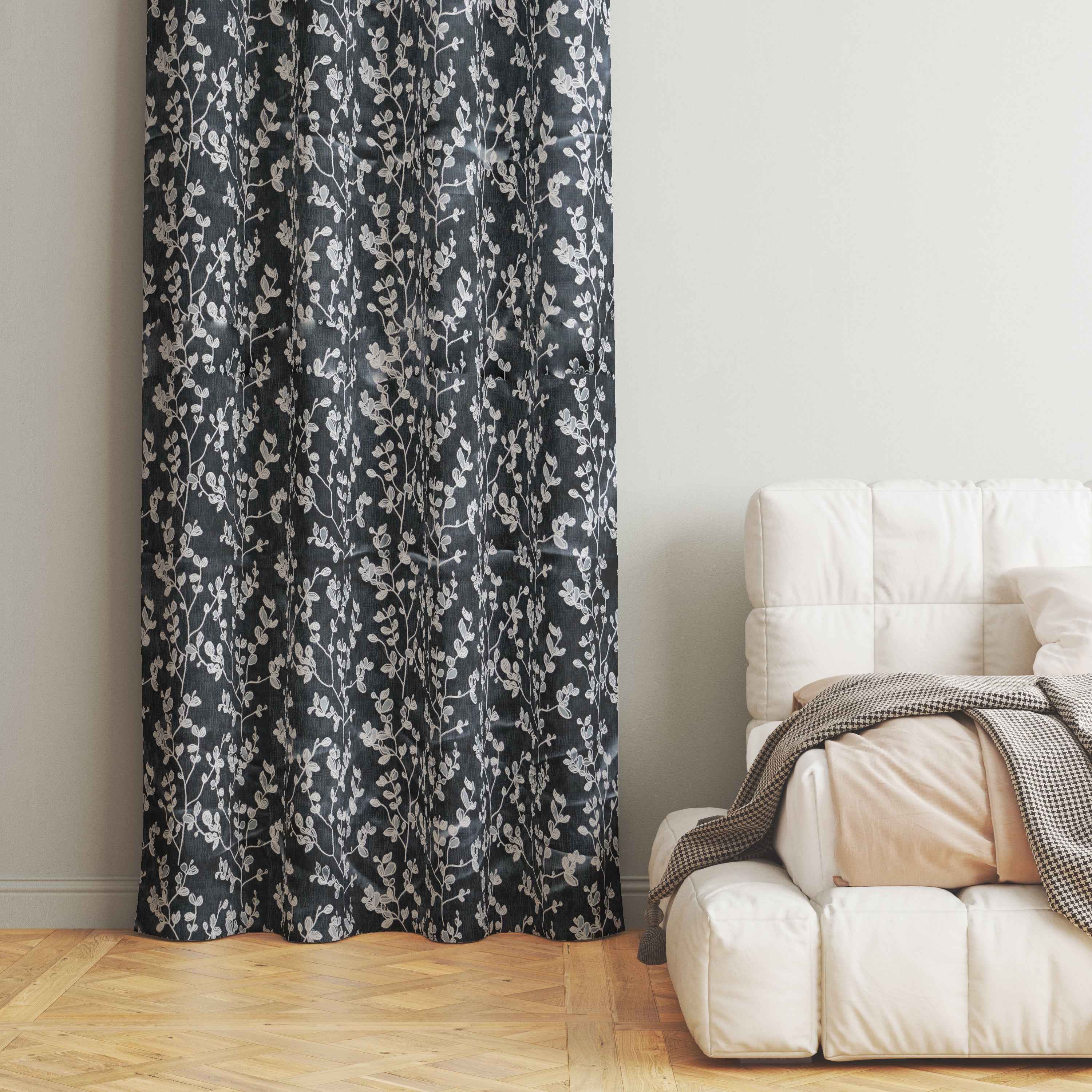 Accra Small Leaf  Design Zari Work Embrodiery Jaquard Curtain - Dark Grey