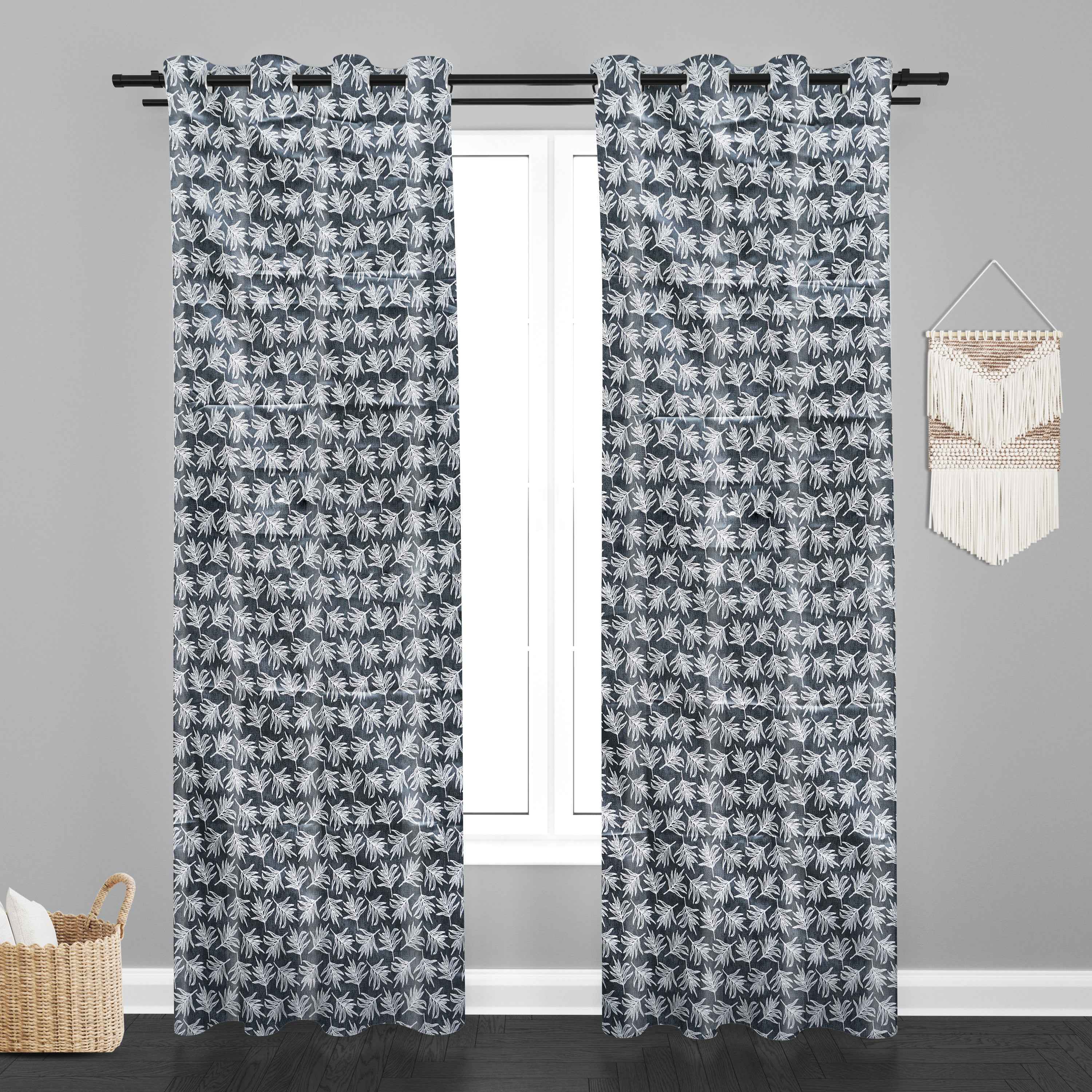 Accra  Leaf Design Zari Work Embrodiery Jaquard Curtain - Dark Grey