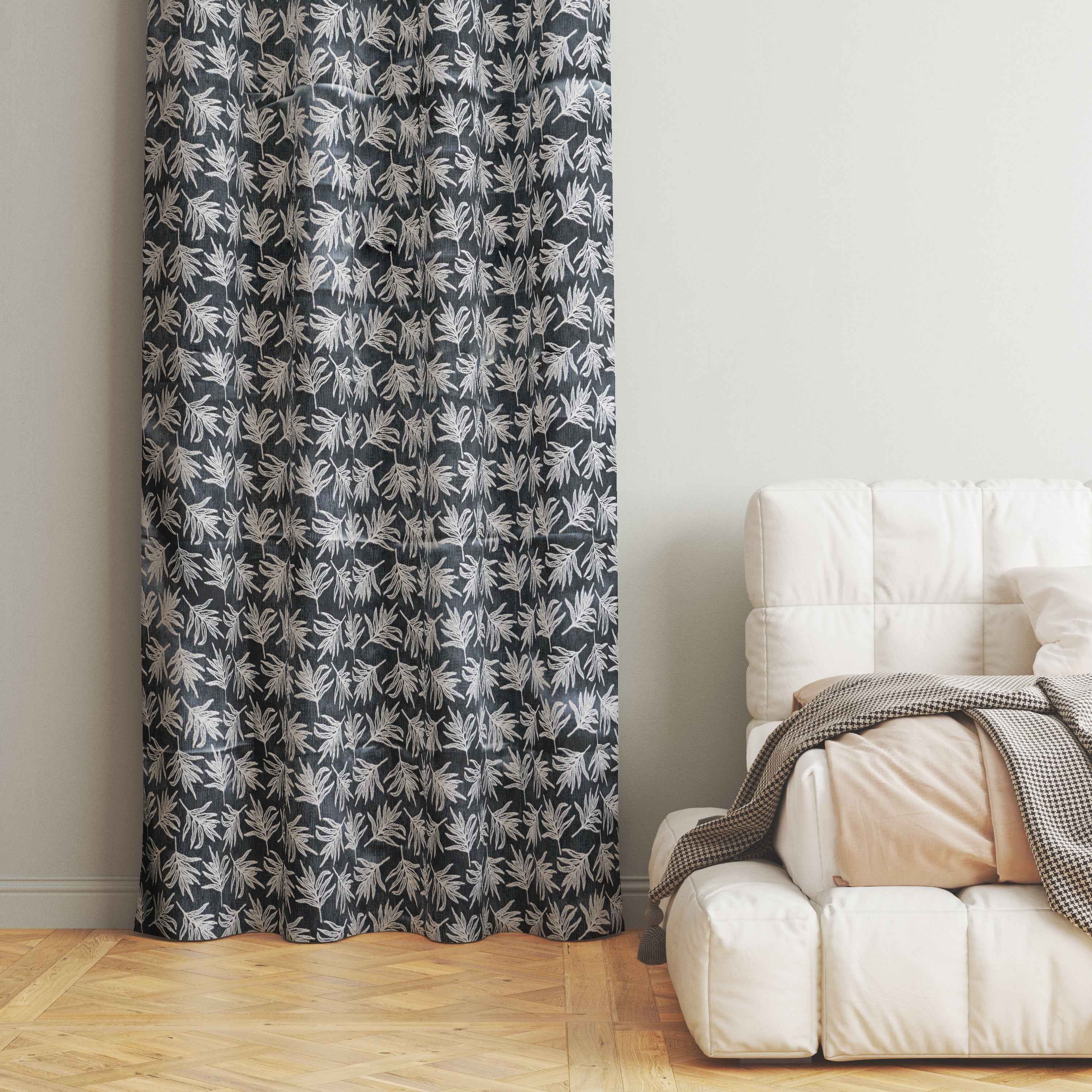 Accra  Leaf Design Zari Work Embrodiery Jaquard Curtain - Dark Grey
