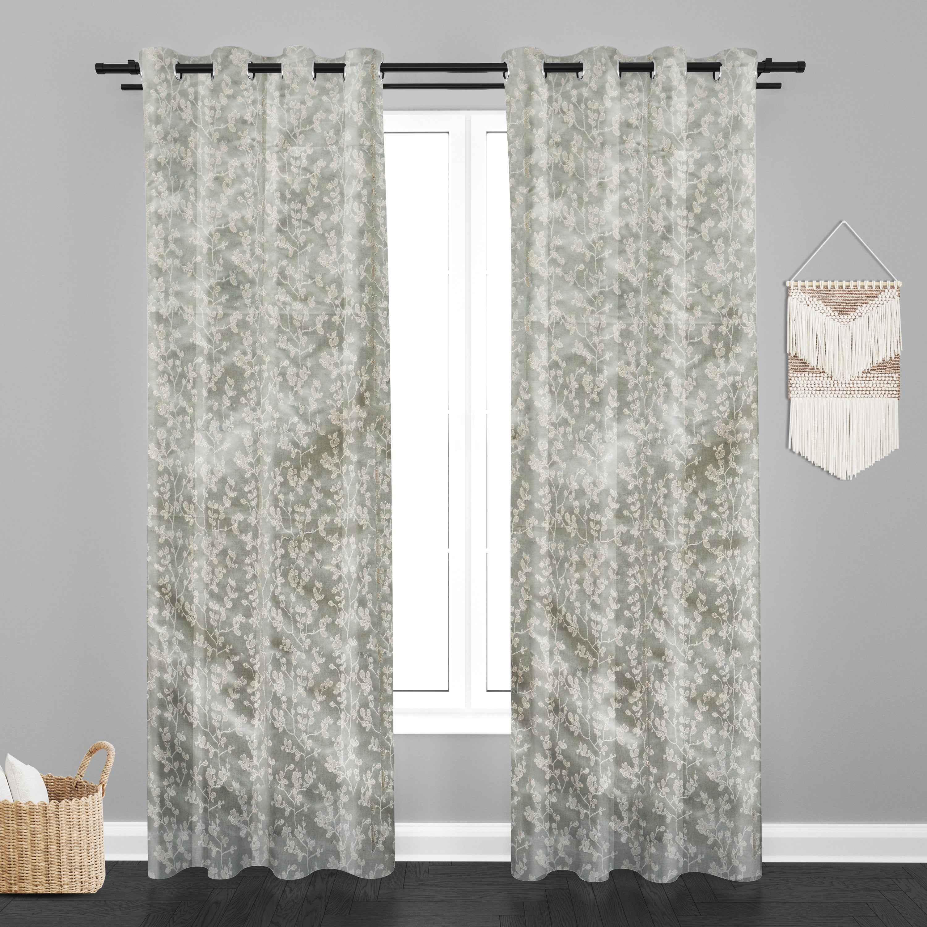Accra Small Leaf  Design Zari Work Embrodiery Jaquard Curtain - Light Grey