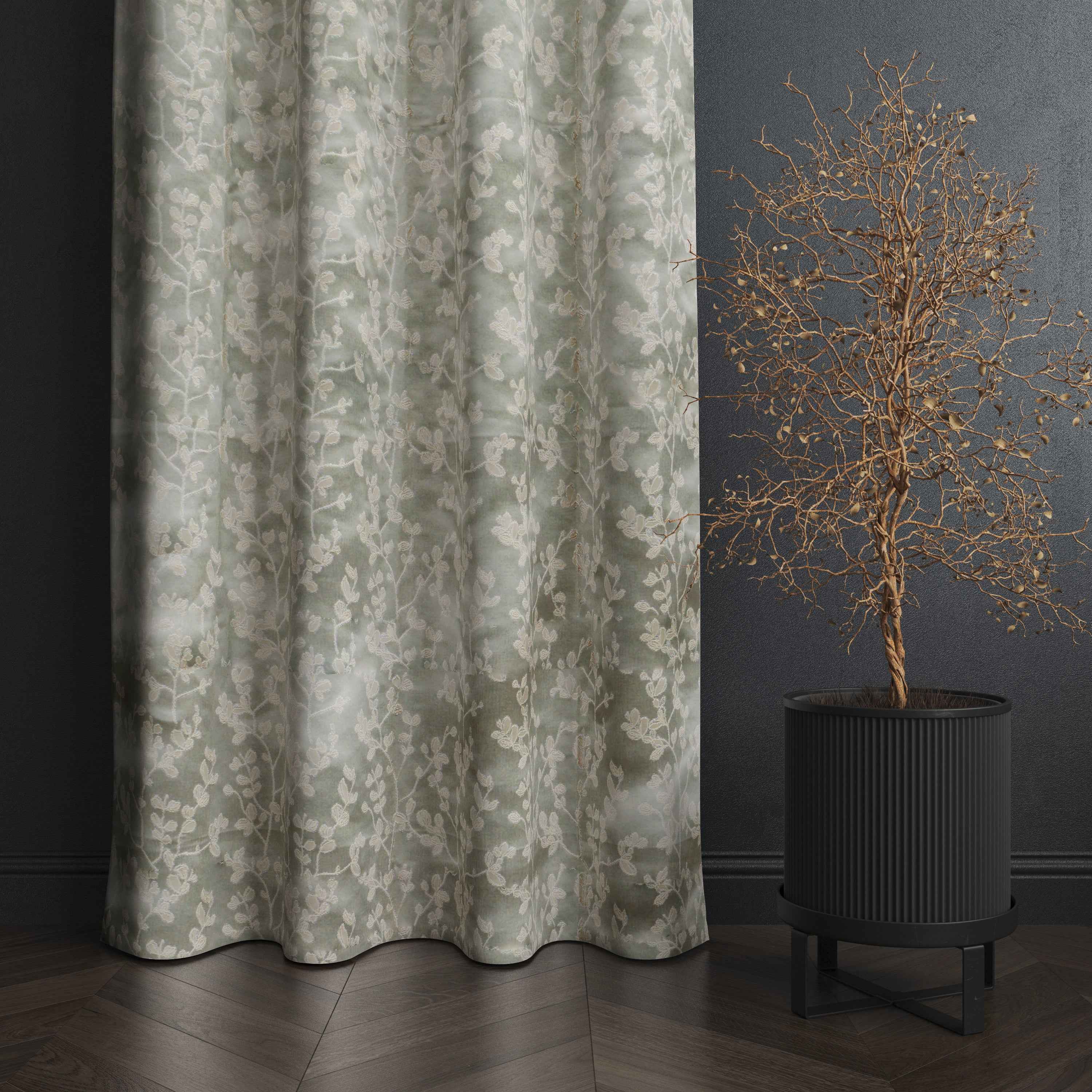 Accra Small Leaf  Design Zari Work Embrodiery Jaquard Curtain - Light Grey