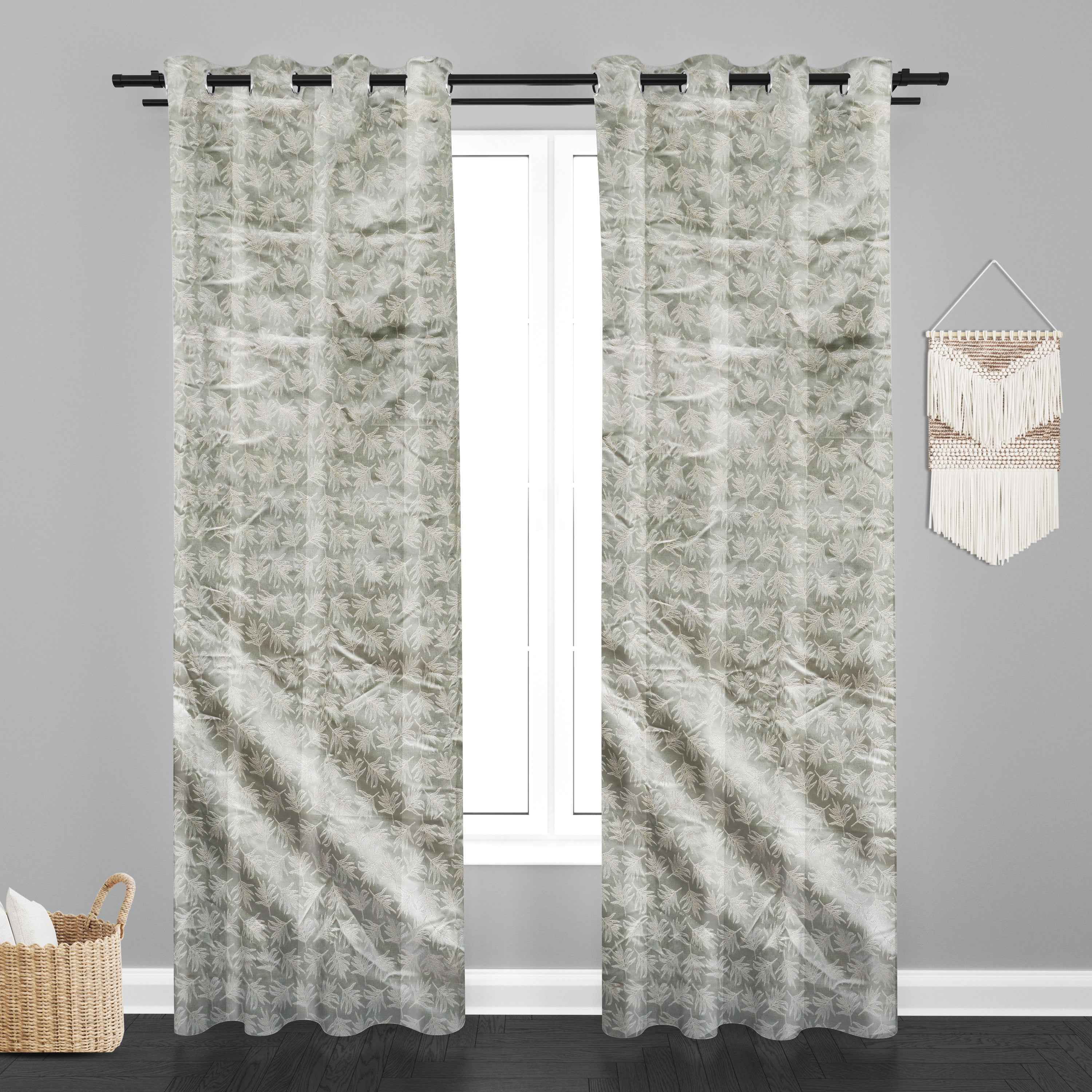 Accra  Leaf Design Zari Work Embrodiery Jaquard Curtain - Light Grey