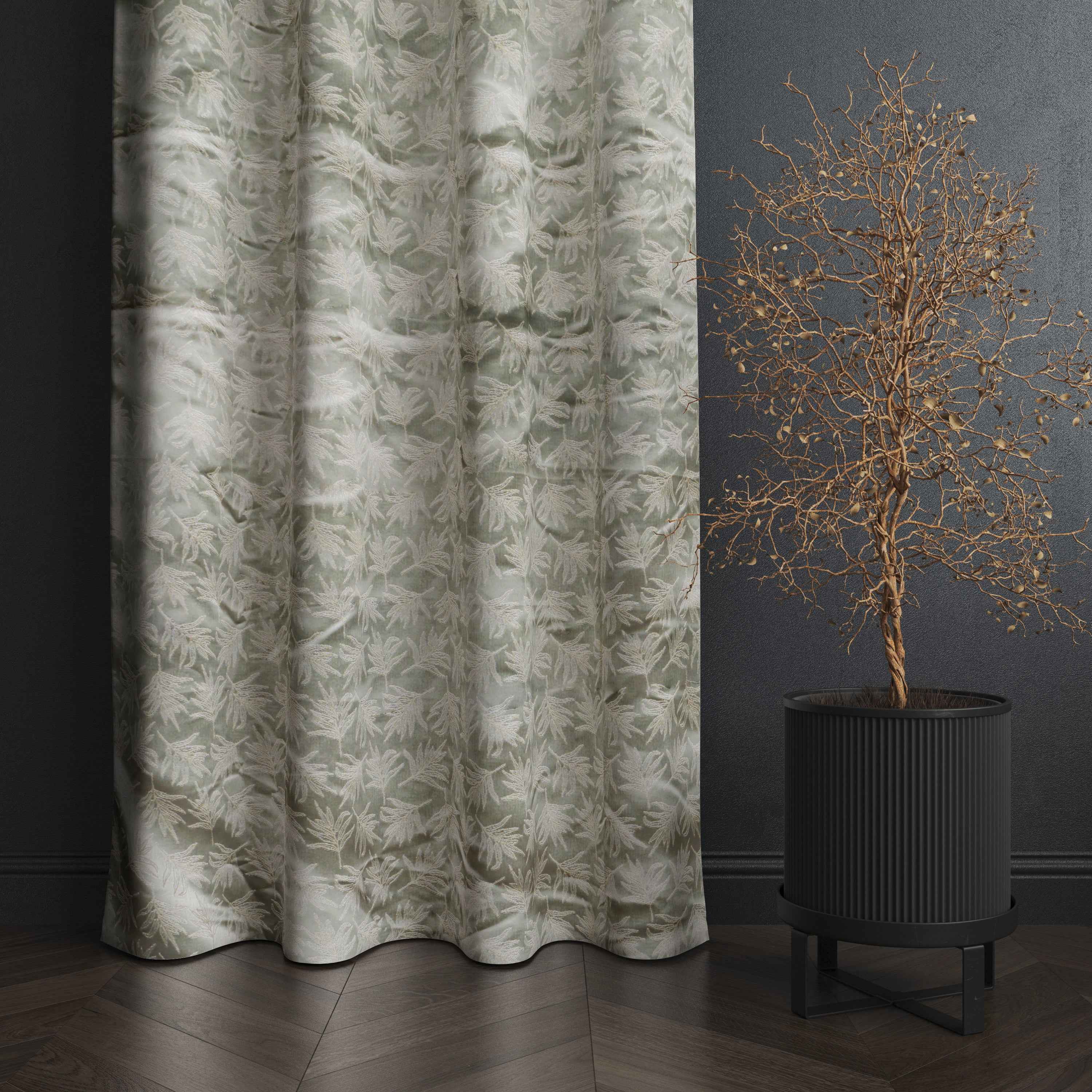 Accra  Leaf Design Zari Work Embrodiery Jaquard Curtain - Light Grey