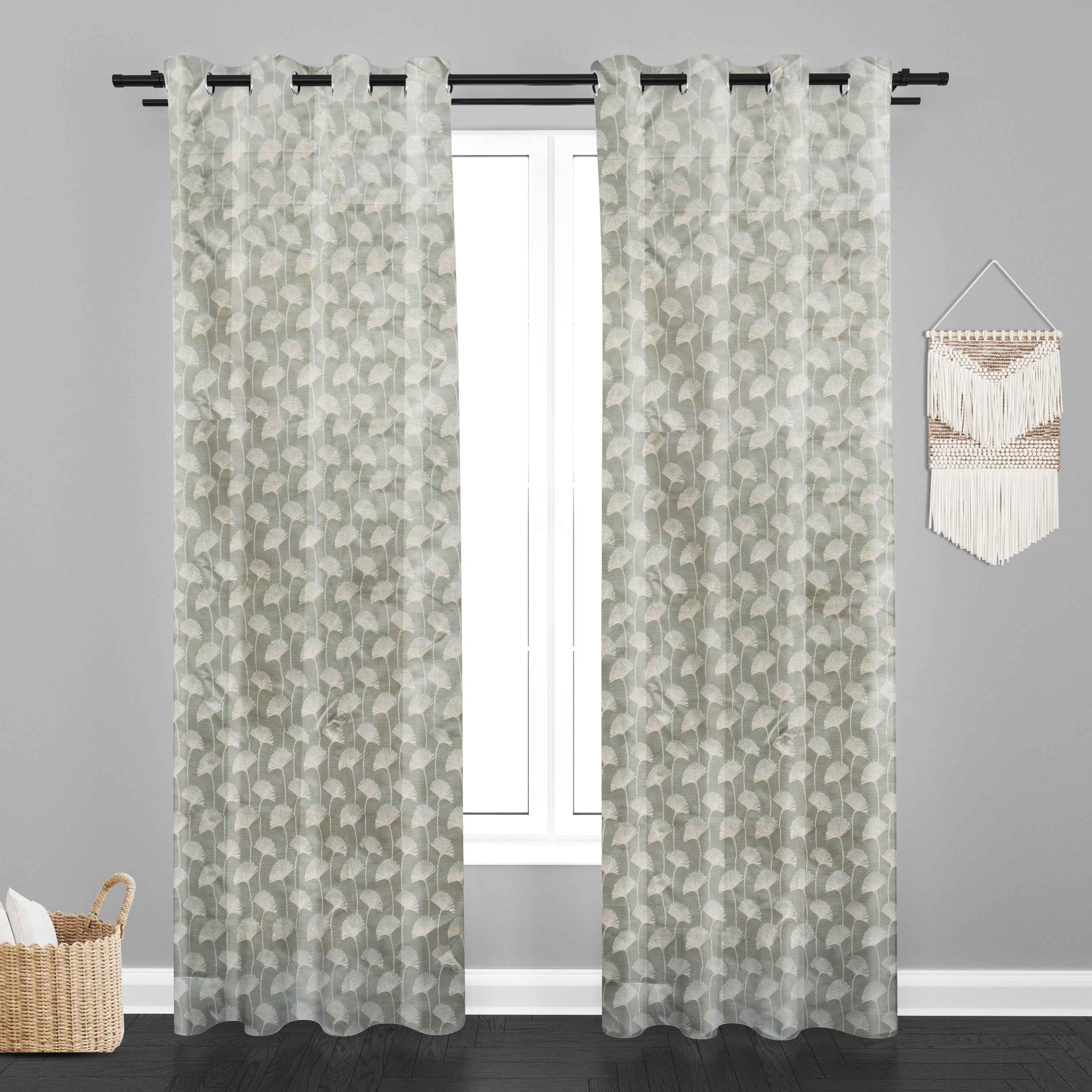 Accra  Floral Design Zari Work Embrodiery Jaquard Curtain - Light Grey