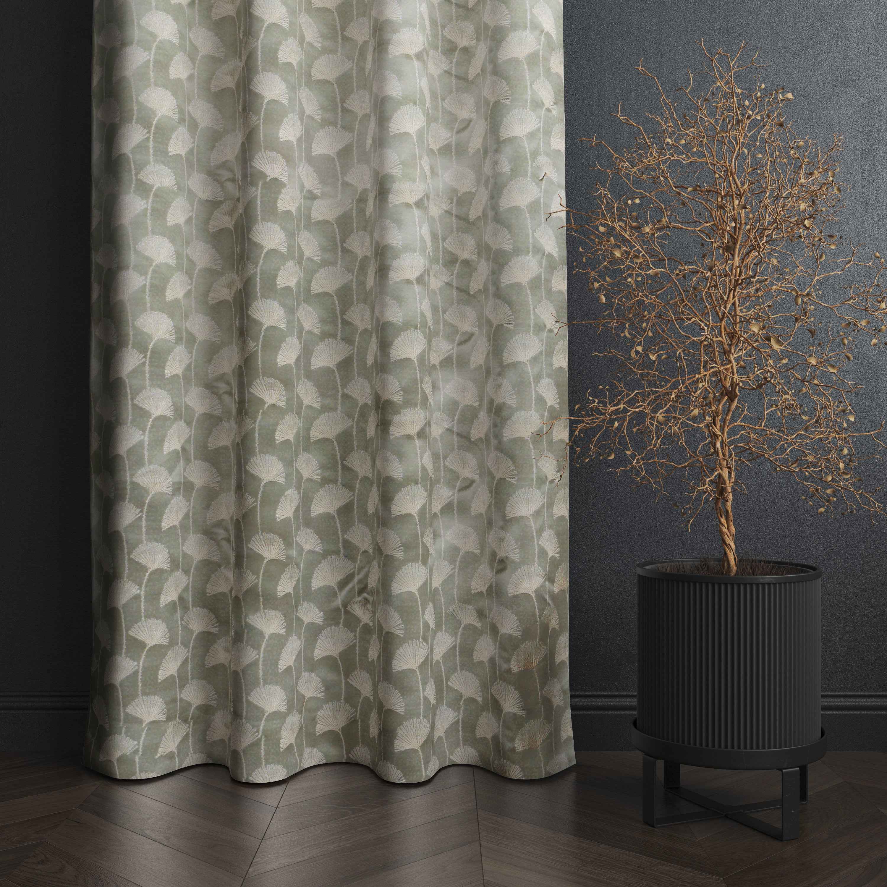 Accra  Floral Design Zari Work Embrodiery Jaquard Curtain - Light Grey