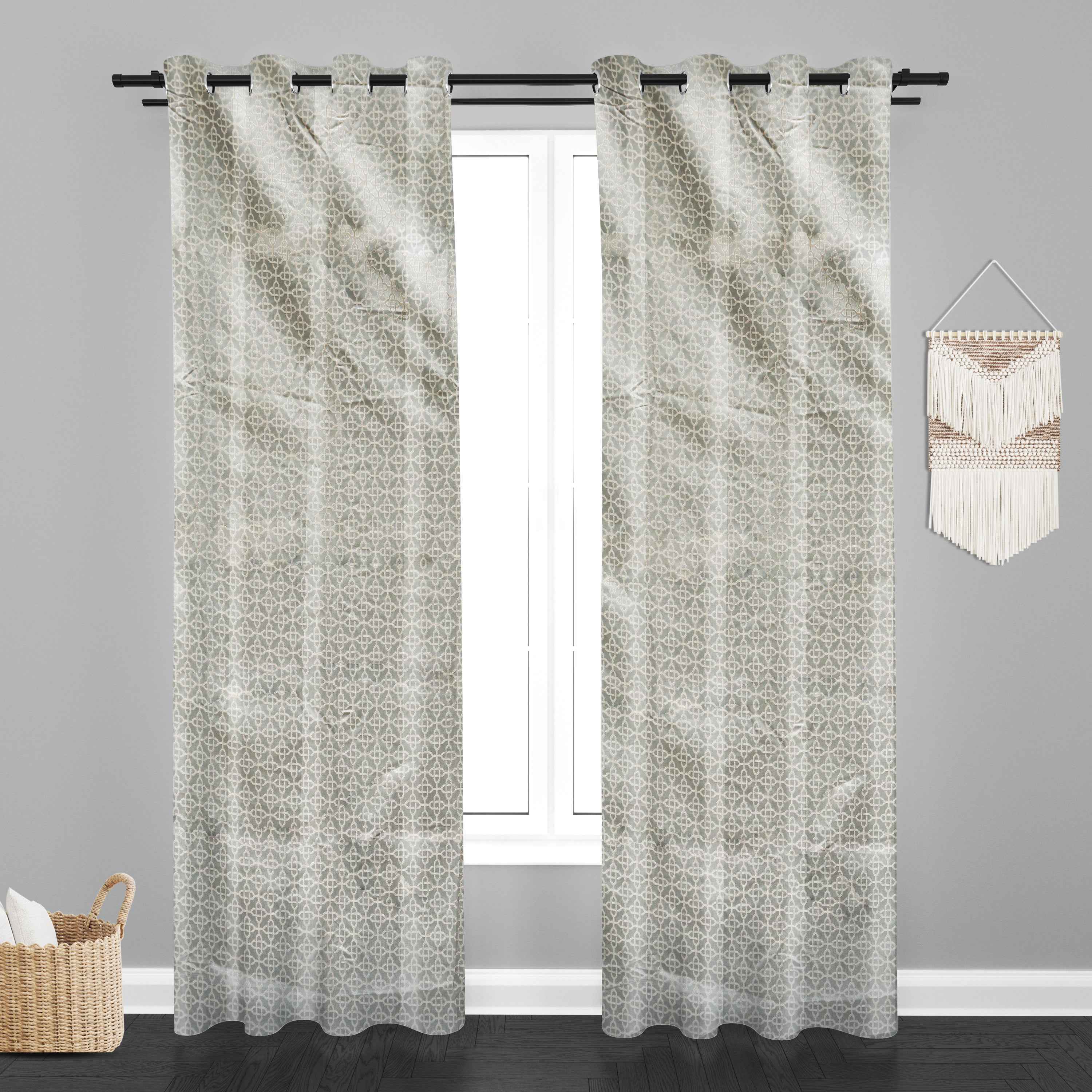 Accra Geometric Design Zari Work Embrodiery Jaquard Curtain - Light Grey