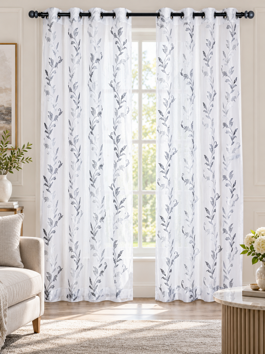 Parda Online White Silver Embroidered Sheer Tissue Curtains for Living Room & Bedroom, Set of 2