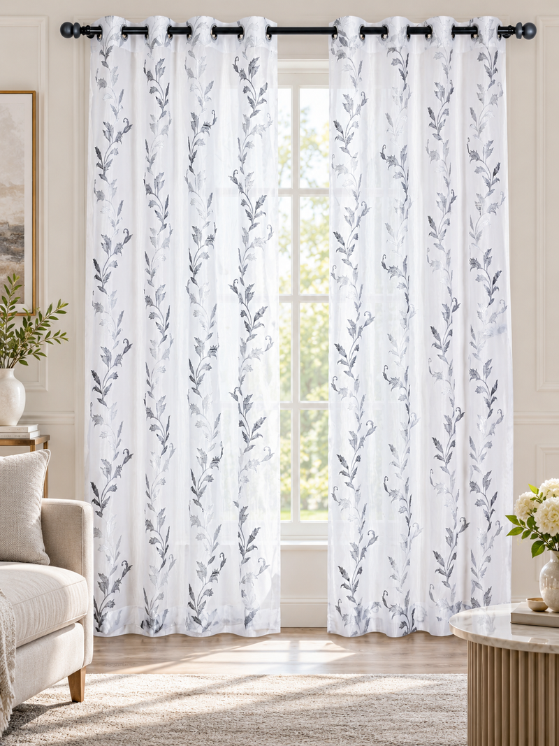 Parda Online White Silver Embroidered Sheer Tissue Curtains for Living Room & Bedroom, Set of 2