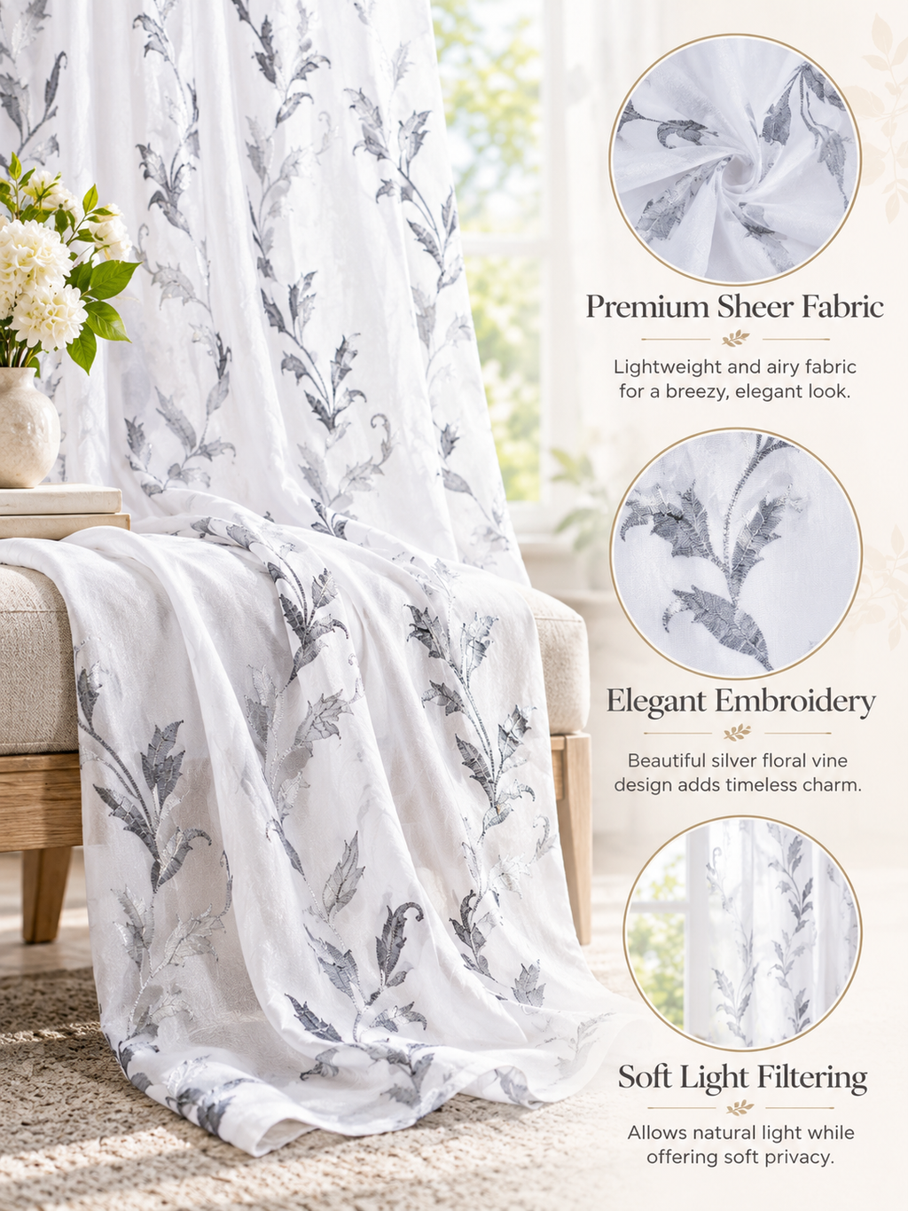 Parda Online White Silver Embroidered Sheer Tissue Curtains for Living Room & Bedroom, Set of 2