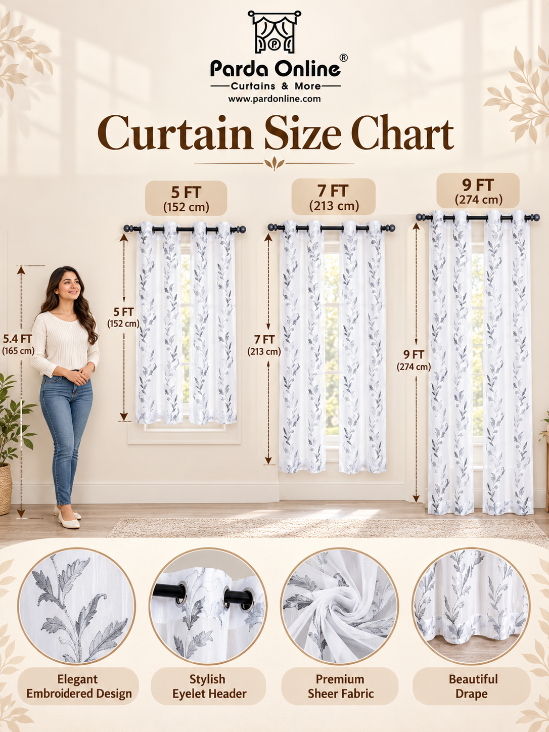Parda Online White Silver Embroidered Sheer Tissue Curtains for Living Room & Bedroom, Set of 2