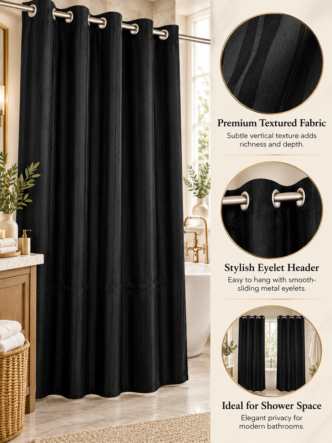 Parda Online Premium Black Shower Curtain for Bathroom, Textured Fabric, Set of 2