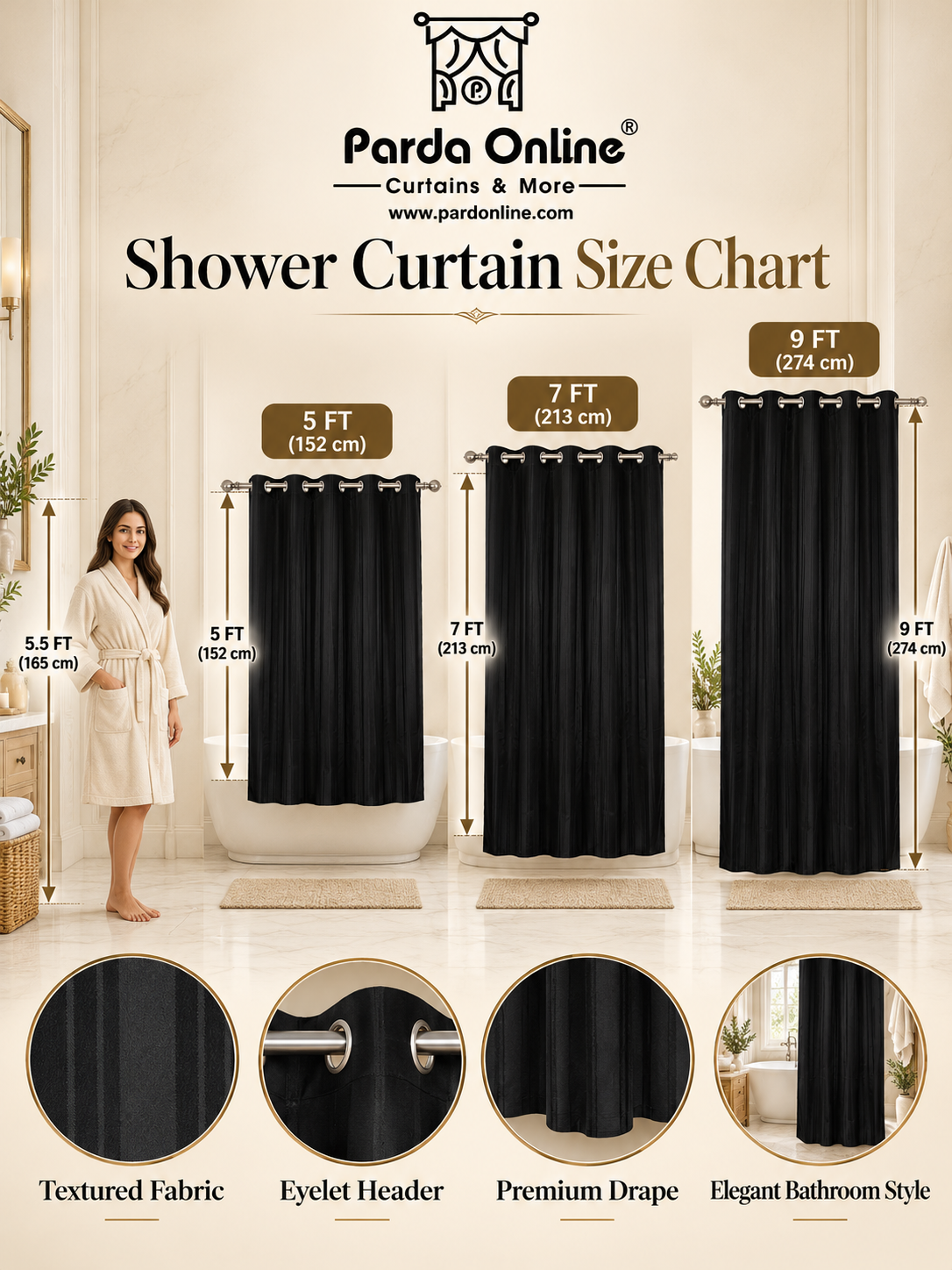 Parda Online Premium Black Shower Curtain for Bathroom, Textured Fabric, Set of 2