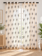Parda Online Cream Grey Palm Leaf Embroidered Sheer Tissue Curtains for Living Room & Bedroom, Set of 2