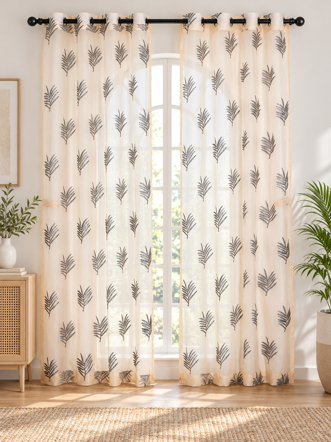 Parda Online Cream Grey Palm Leaf Embroidered Sheer Tissue Curtains for Living Room & Bedroom, Set of 2