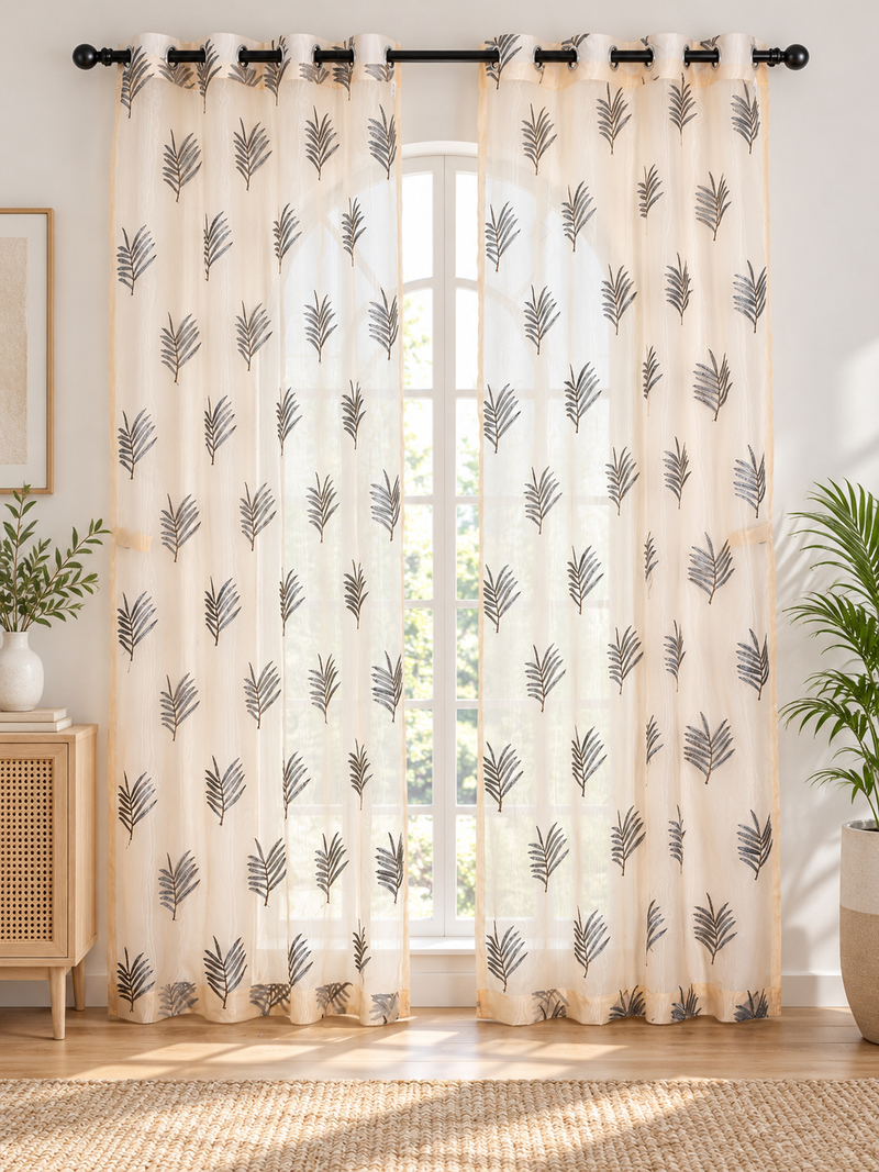 Parda Online Cream Grey Palm Leaf Embroidered Sheer Tissue Curtains for Living Room & Bedroom, Set of 2