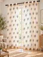 Parda Online Cream Grey Palm Leaf Embroidered Sheer Tissue Curtains for Living Room & Bedroom, Set of 2
