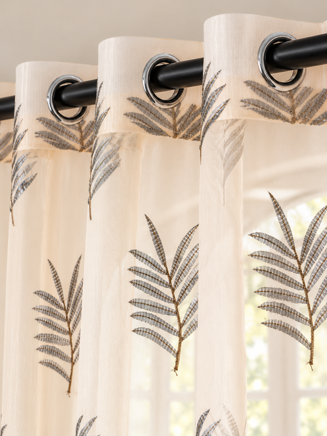 Parda Online Cream Grey Palm Leaf Embroidered Sheer Tissue Curtains for Living Room & Bedroom, Set of 2