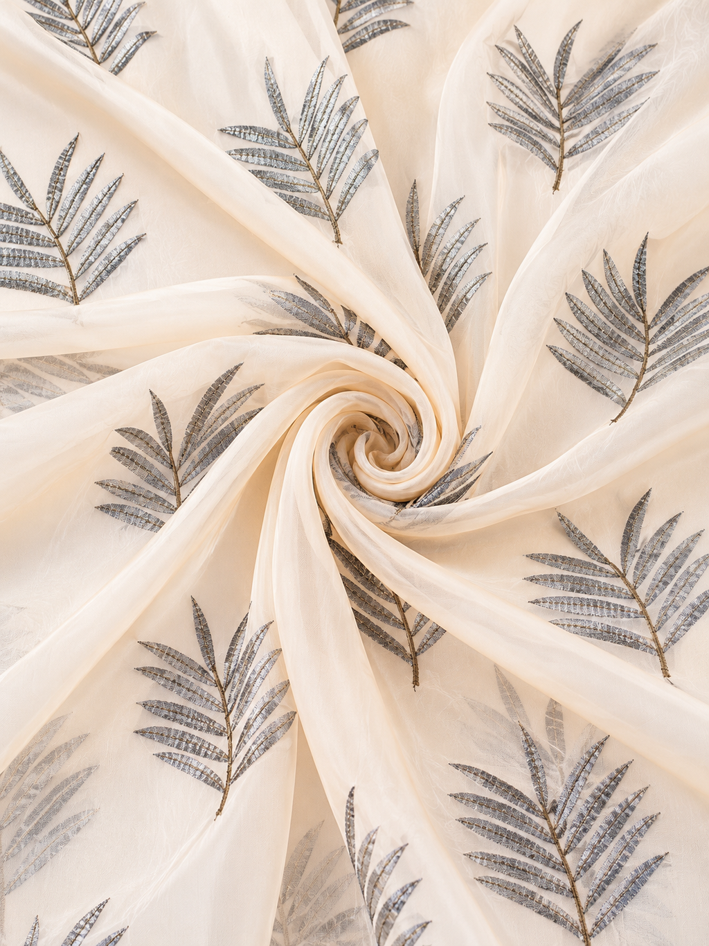Parda Online Cream Grey Palm Leaf Embroidered Sheer Tissue Curtains for Living Room & Bedroom, Set of 2