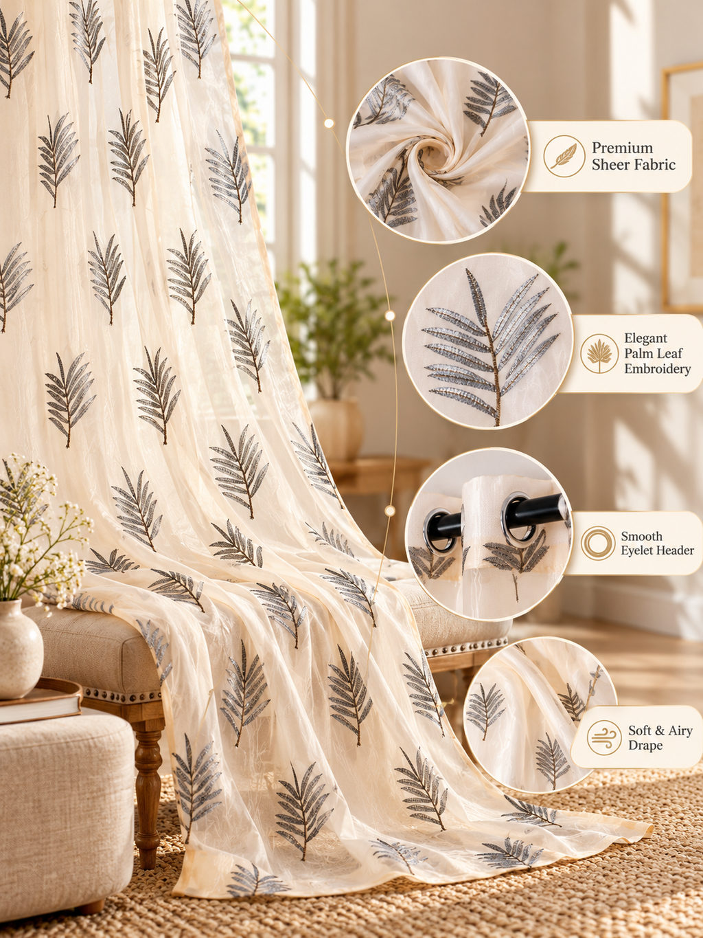 Parda Online Cream Grey Palm Leaf Embroidered Sheer Tissue Curtains for Living Room & Bedroom, Set of 2