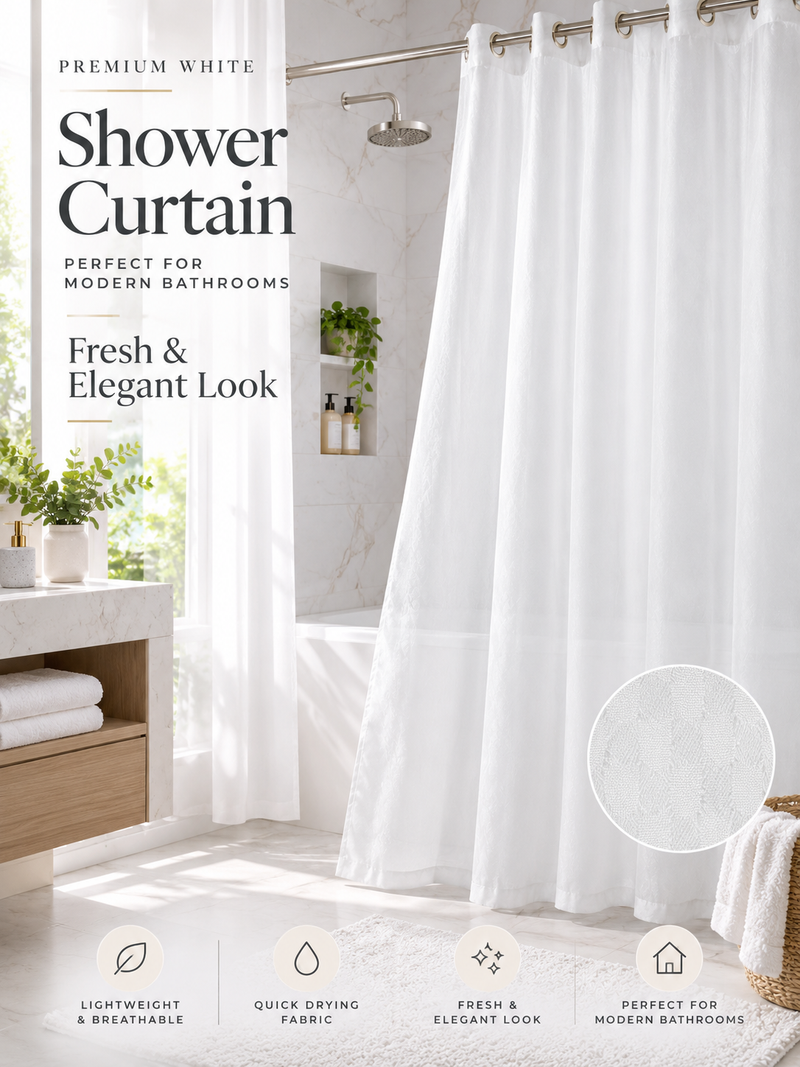 Parda Online Premium White Shower Curtain for Bathroom, Textured Fabric, Quick-Drying, Set of 2