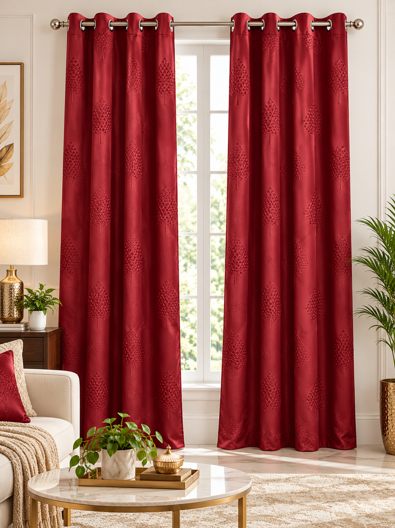 Parda Online Premium Maroon Blackout Curtains for Living Room & Bedroom, Self-Design, Set of 2