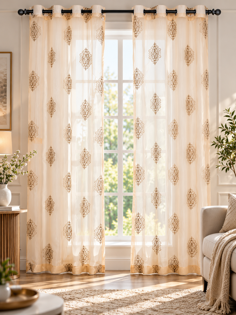 Parda Online Cream & Gold Embroidered Sheer Curtains for Living Room & Bedroom, Set of 2
