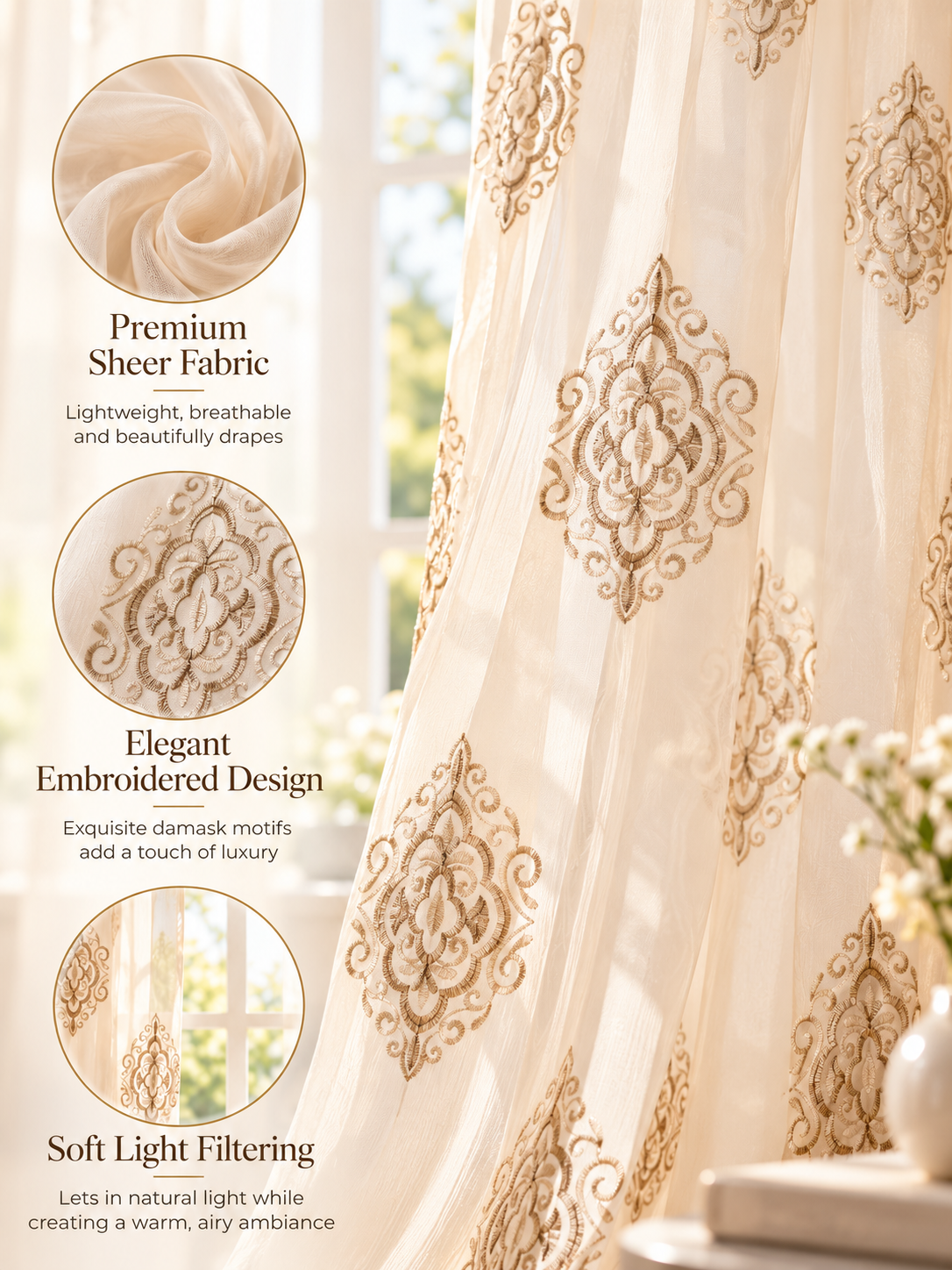Parda Online Cream & Gold Embroidered Sheer Curtains for Living Room & Bedroom, Set of 2