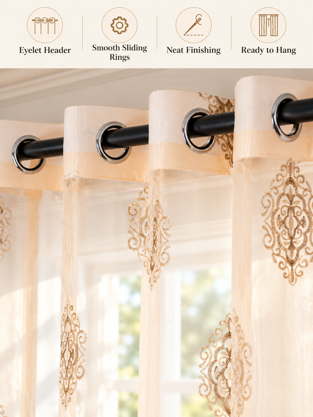 Parda Online Cream & Gold Embroidered Sheer Curtains for Living Room & Bedroom, Set of 2