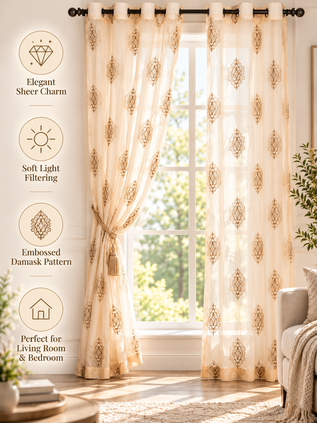 Parda Online Cream & Gold Embroidered Sheer Curtains for Living Room & Bedroom, Set of 2